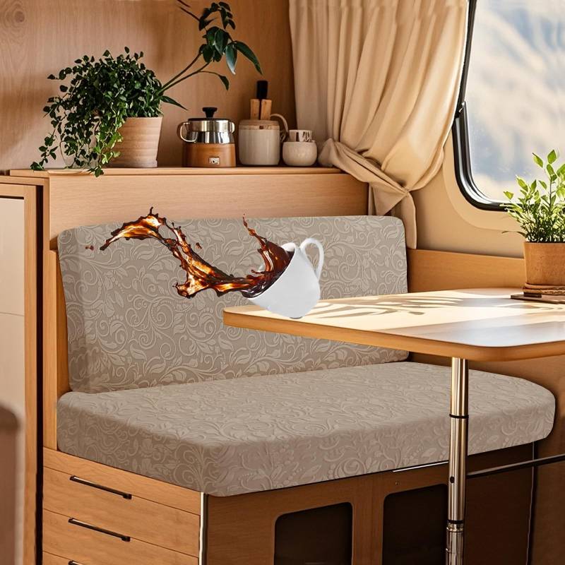 UNBBRRL Wohnwagen Sitzbezüge Wasserdicht Dehnbar Samt/Jacquard, Wohnwagen Polsterbezüge Set (2pcs), RV Bank/Sofa Sitzkissen Bezug Mit 4 Cord (JF Brown Grey,M+XS(2pcs)) von UNBBRRL