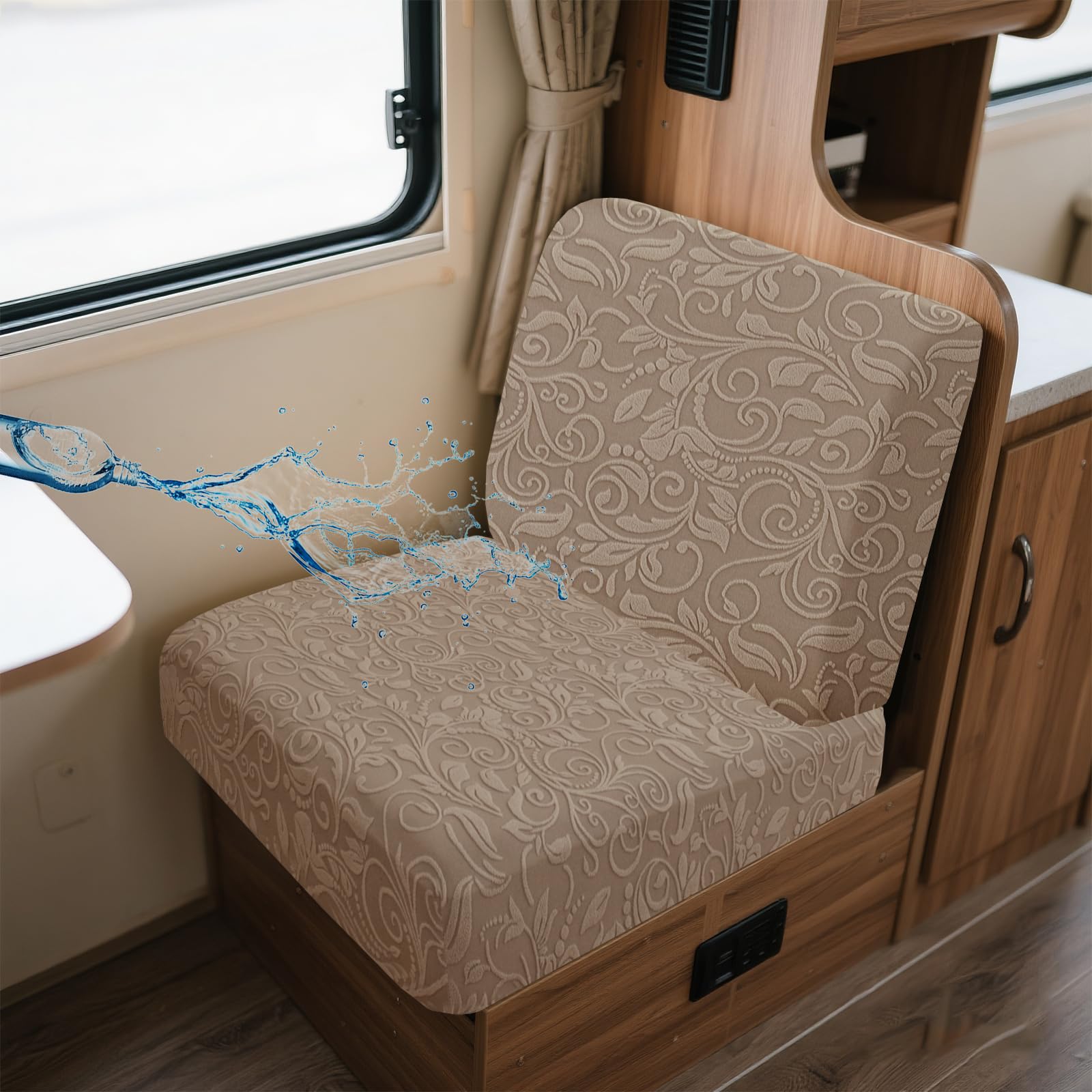 UNBBRRL Wohnwagen Sitzbezüge Wasserdicht Dehnbar Samt/Jacquard, Wohnwagen Polsterbezüge Set (2pcs), RV Bank/Sofa Sitzkissen Bezug Mit 4 Cord (JF Brown Grey,S+S(2pcs)) von UNBBRRL