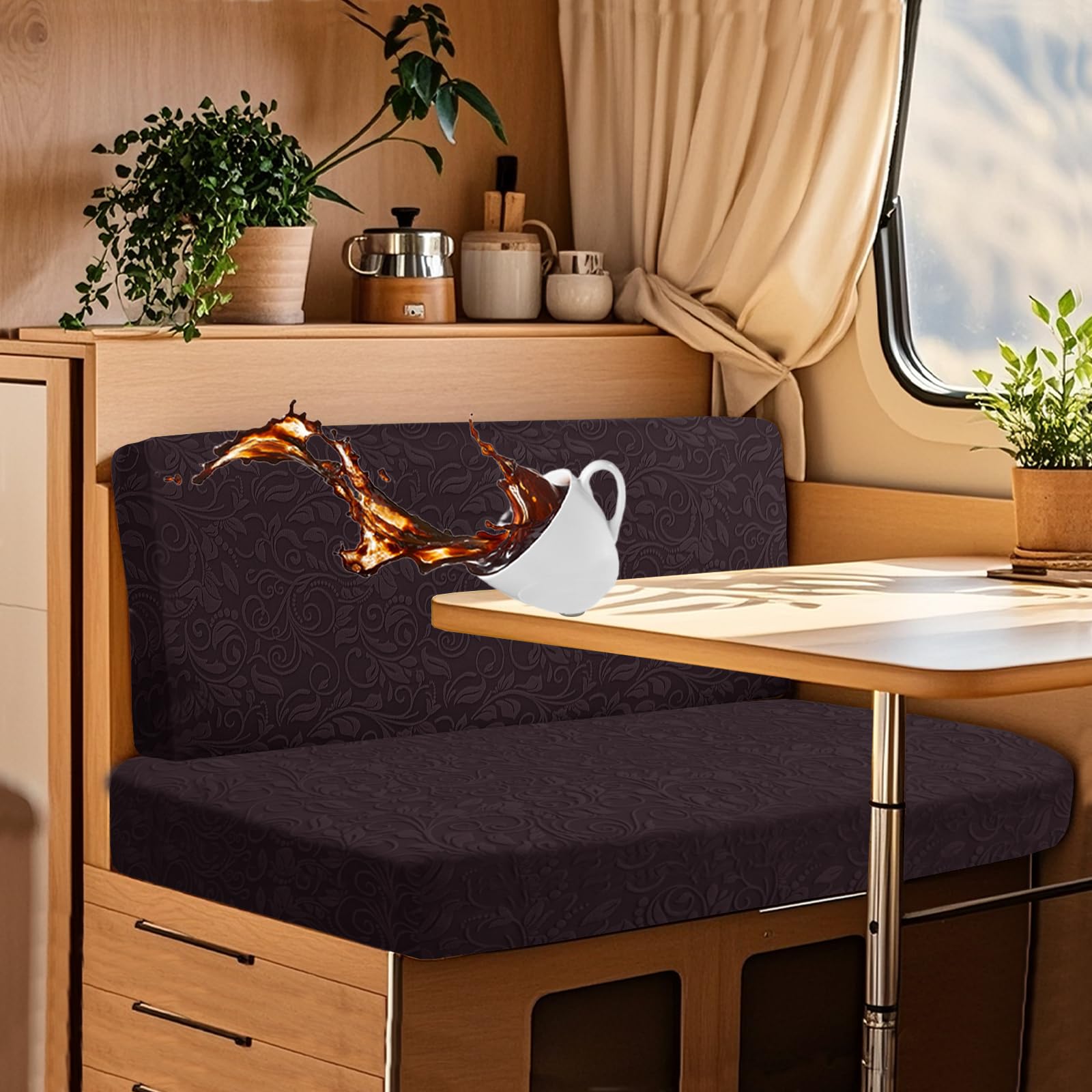 UNBBRRL Wohnwagen Sitzbezüge Wasserdicht Dehnbar Samt/Jacquard, Wohnwagen Polsterbezüge Set (2pcs), RV Bank/Sofa Sitzkissen Bezug Mit 4 Cord (JF Chocotate,L+XL(2pcs)) von UNBBRRL