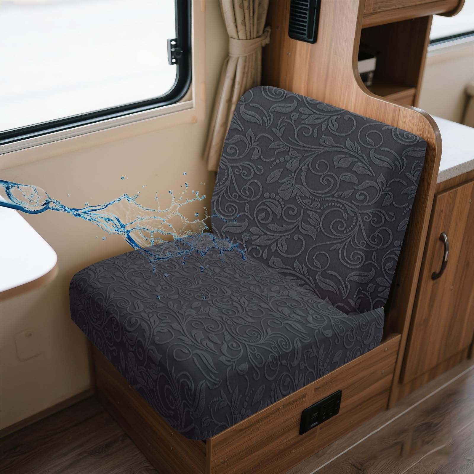 UNBBRRL Wohnwagen Sitzbezüge Wasserdicht Dehnbar Samt/Jacquard, Wohnwagen Polsterbezüge Set (2pcs), RV Bank/Sofa Sitzkissen Bezug Mit 4 Cord (JF Dark Grey,S+S(2pcs)) von UNBBRRL