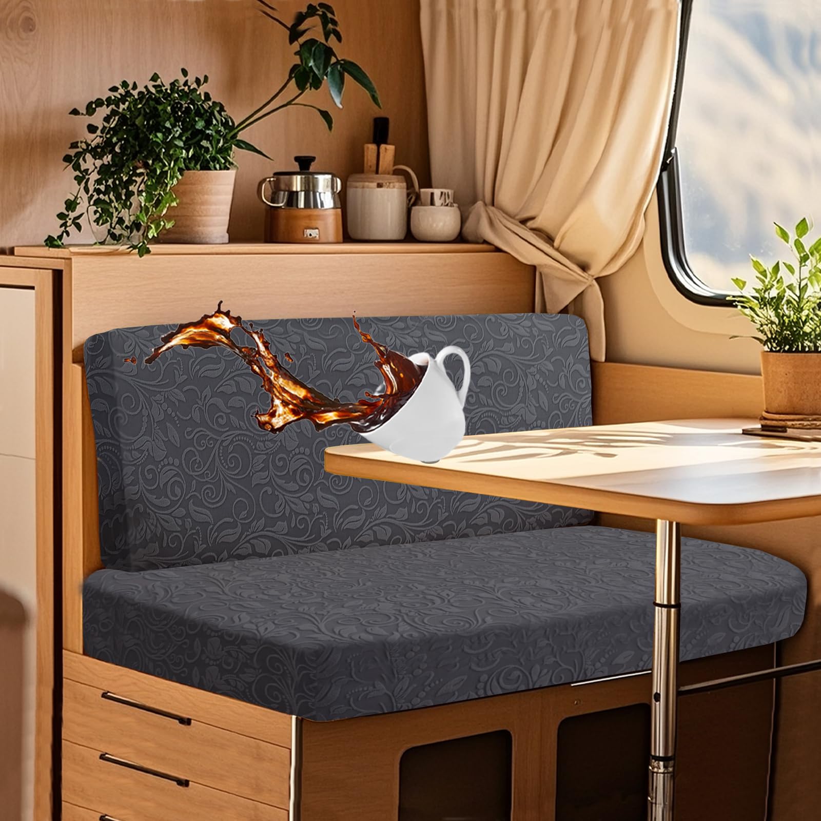 UNBBRRL Wohnwagen Sitzbezüge Wasserdicht Dehnbar Samt/Jacquard, Wohnwagen Polsterbezüge Set (2pcs), RV Bank/Sofa Sitzkissen Bezug Mit 4 Cord (JF Dark Grey,XL+XXL(2pcs)) von UNBBRRL