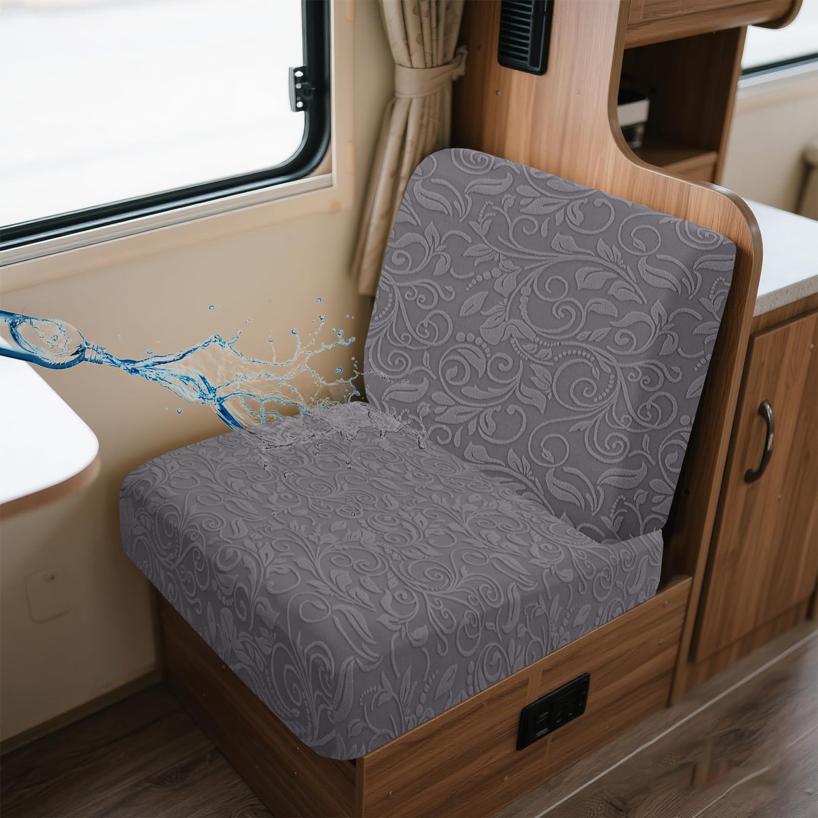 UNBBRRL Wohnwagen Sitzbezüge Wasserdicht Dehnbar Samt/Jacquard, Wohnwagen Polsterbezüge Set (2pcs), RV Bank/Sofa Sitzkissen Bezug Mit 4 Cord (JF Light Grey,S+S(2pcs)) von UNBBRRL