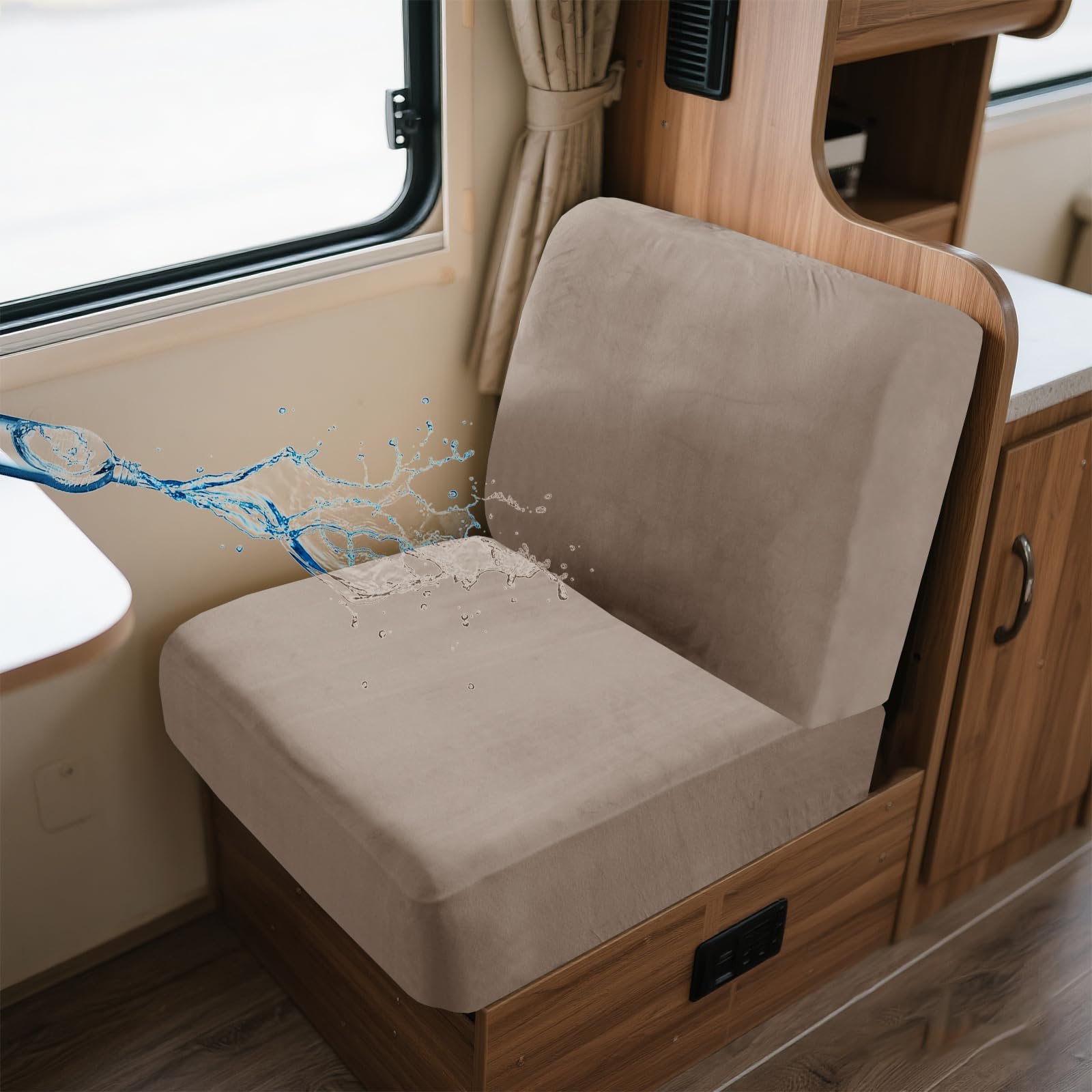 UNBBRRL Wohnwagen Sitzbezüge Wasserdicht Dehnbar Samt/Jacquard, Wohnwagen Polsterbezüge Set (2pcs), RV Bank/Sofa Sitzkissen Bezug Mit 4 Cord (V Camel,M+M(2pcs)) von UNBBRRL