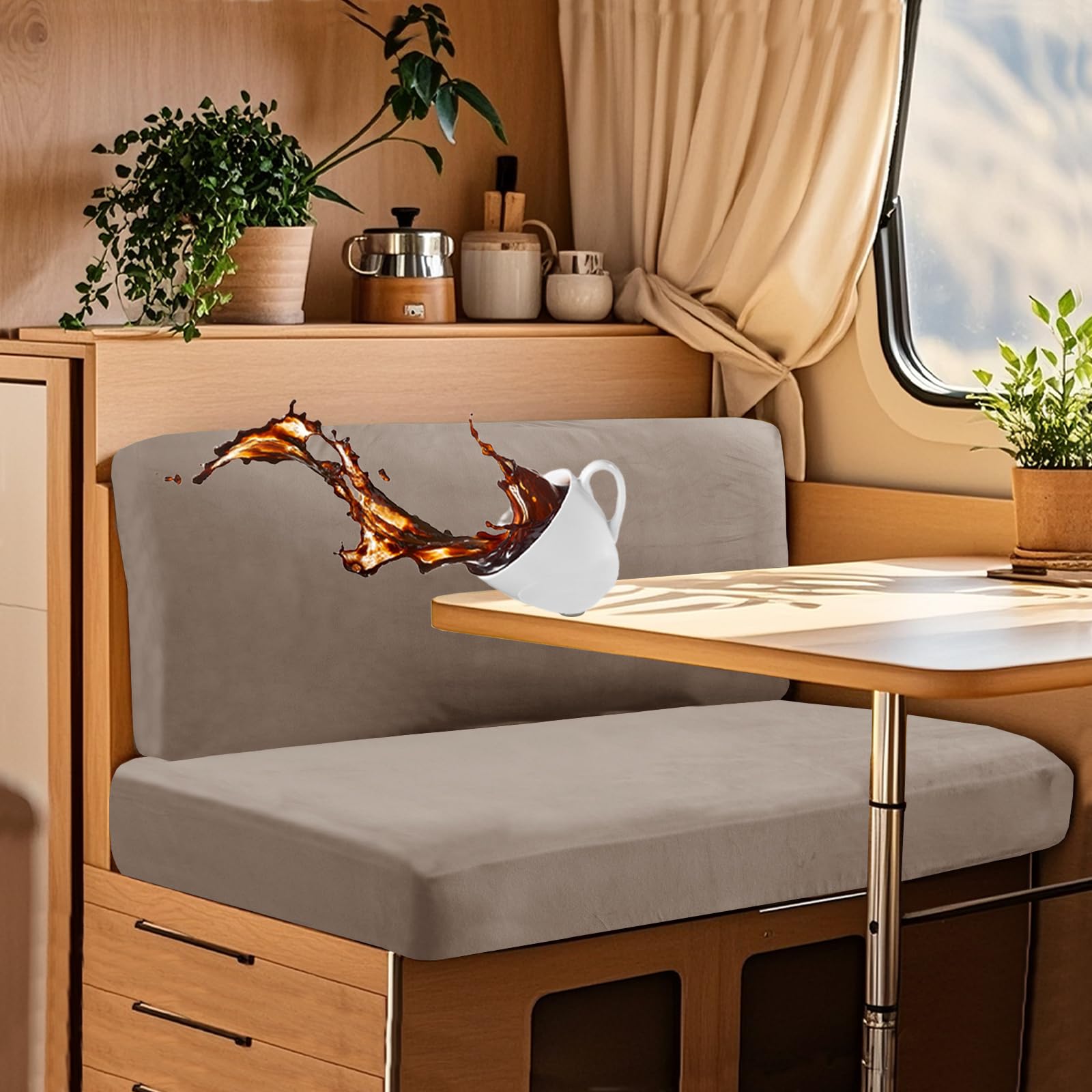 UNBBRRL Wohnwagen Sitzbezüge Wasserdicht Dehnbar Samt/Jacquard, Wohnwagen Polsterbezüge Set (2pcs), RV Bank/Sofa Sitzkissen Bezug Mit 4 Cord (V Camel,M+XS(2pcs)) von UNBBRRL