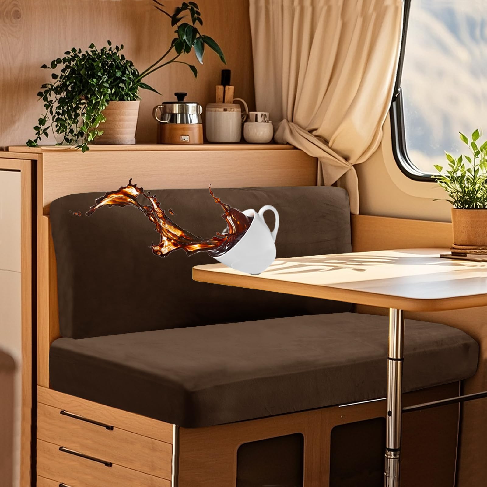 UNBBRRL Wohnwagen Sitzbezüge Wasserdicht Dehnbar Samt/Jacquard, Wohnwagen Polsterbezüge Set (2pcs), RV Bank/Sofa Sitzkissen Bezug Mit 4 Cord (V Caramel,L+XL(2pcs)) von UNBBRRL