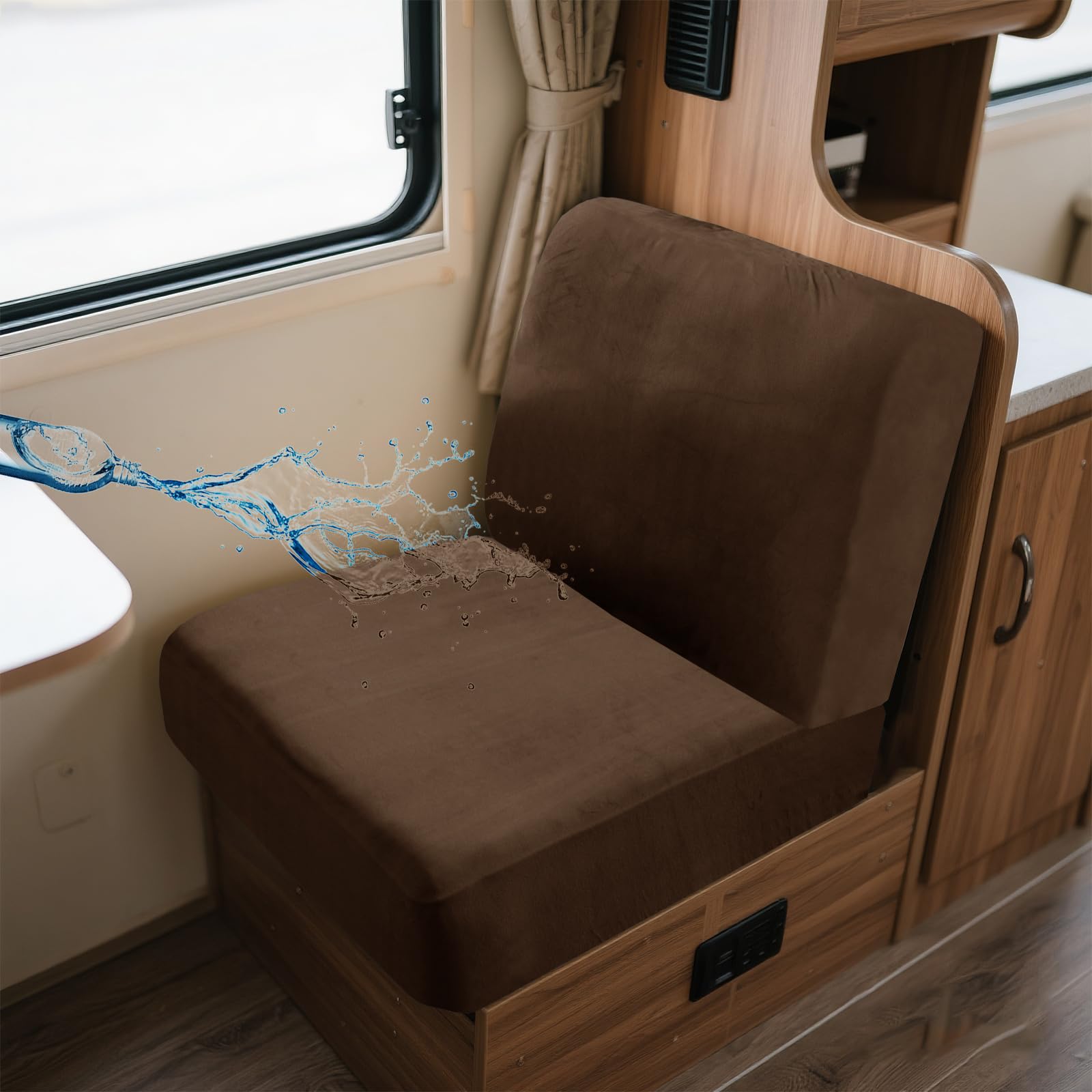 UNBBRRL Wohnwagen Sitzbezüge Wasserdicht Dehnbar Samt/Jacquard, Wohnwagen Polsterbezüge Set (2pcs), RV Bank/Sofa Sitzkissen Bezug Mit 4 Cord (V Caramel,M+M(2pcs)) von UNBBRRL