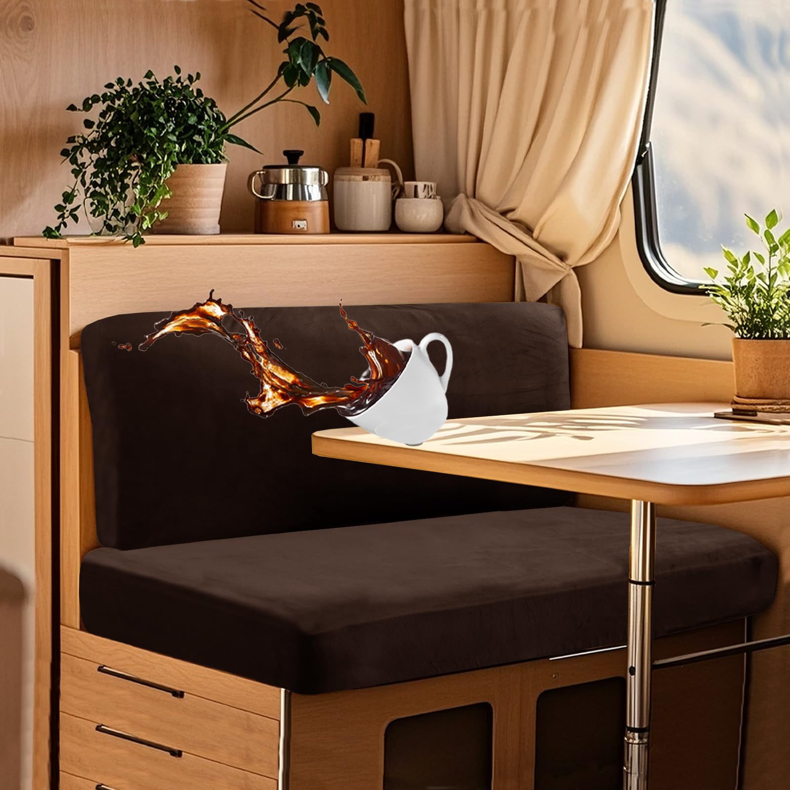 UNBBRRL Wohnwagen Sitzbezüge Wasserdicht Dehnbar Samt/Jacquard, Wohnwagen Polsterbezüge Set (2pcs), RV Bank/Sofa Sitzkissen Bezug Mit 4 Cord (V Coffee,M+XS(2pcs)) von UNBBRRL