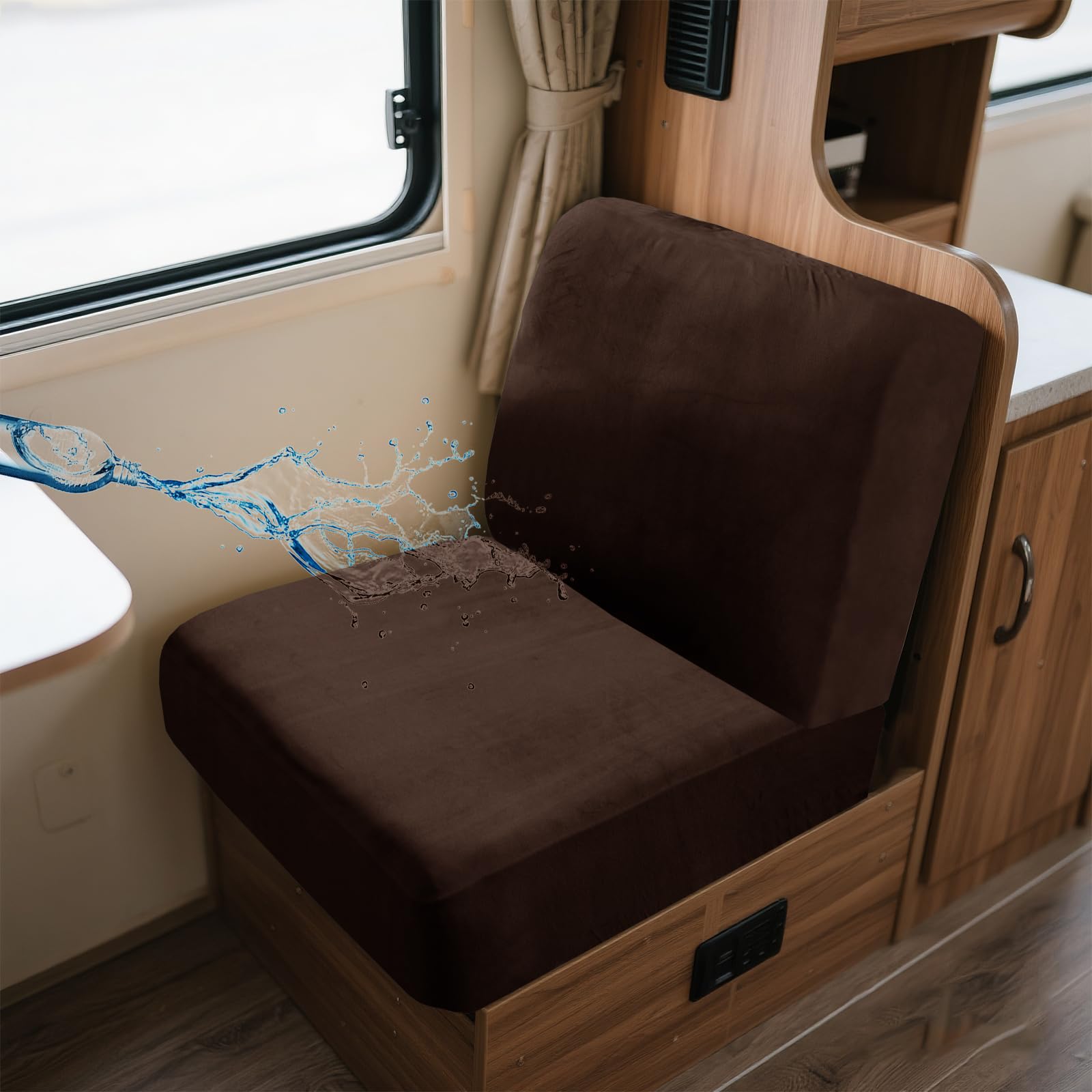 UNBBRRL Wohnwagen Sitzbezüge Wasserdicht Dehnbar Samt/Jacquard, Wohnwagen Polsterbezüge Set (2pcs), RV Bank/Sofa Sitzkissen Bezug Mit 4 Cord (V Coffee,S+S(2pcs)) von UNBBRRL