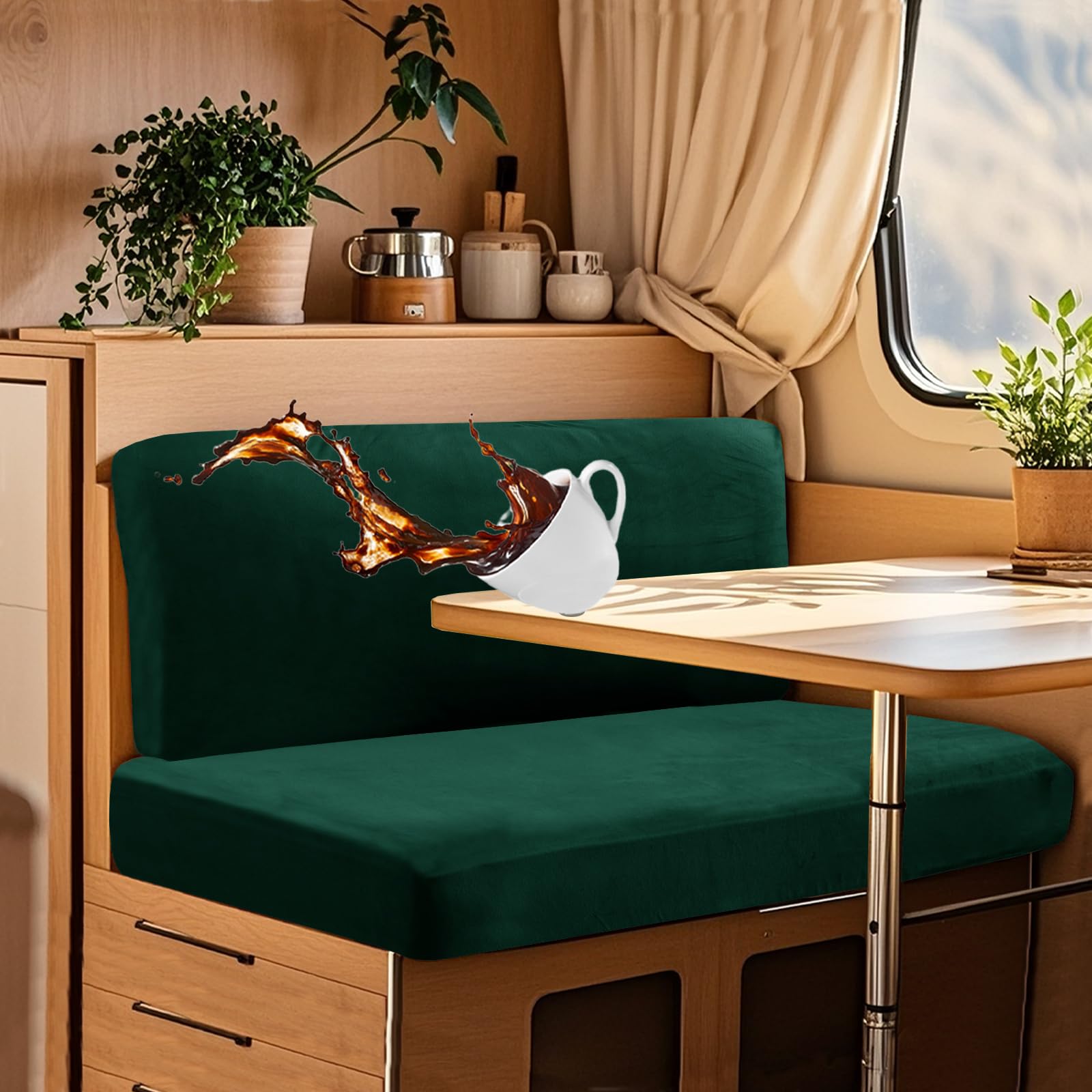 UNBBRRL Wohnwagen Sitzbezüge Wasserdicht Dehnbar Samt/Jacquard, Wohnwagen Polsterbezüge Set (2pcs), RV Bank/Sofa Sitzkissen Bezug Mit 4 Cord (V Dark Green,M+XS(2pcs)) von UNBBRRL