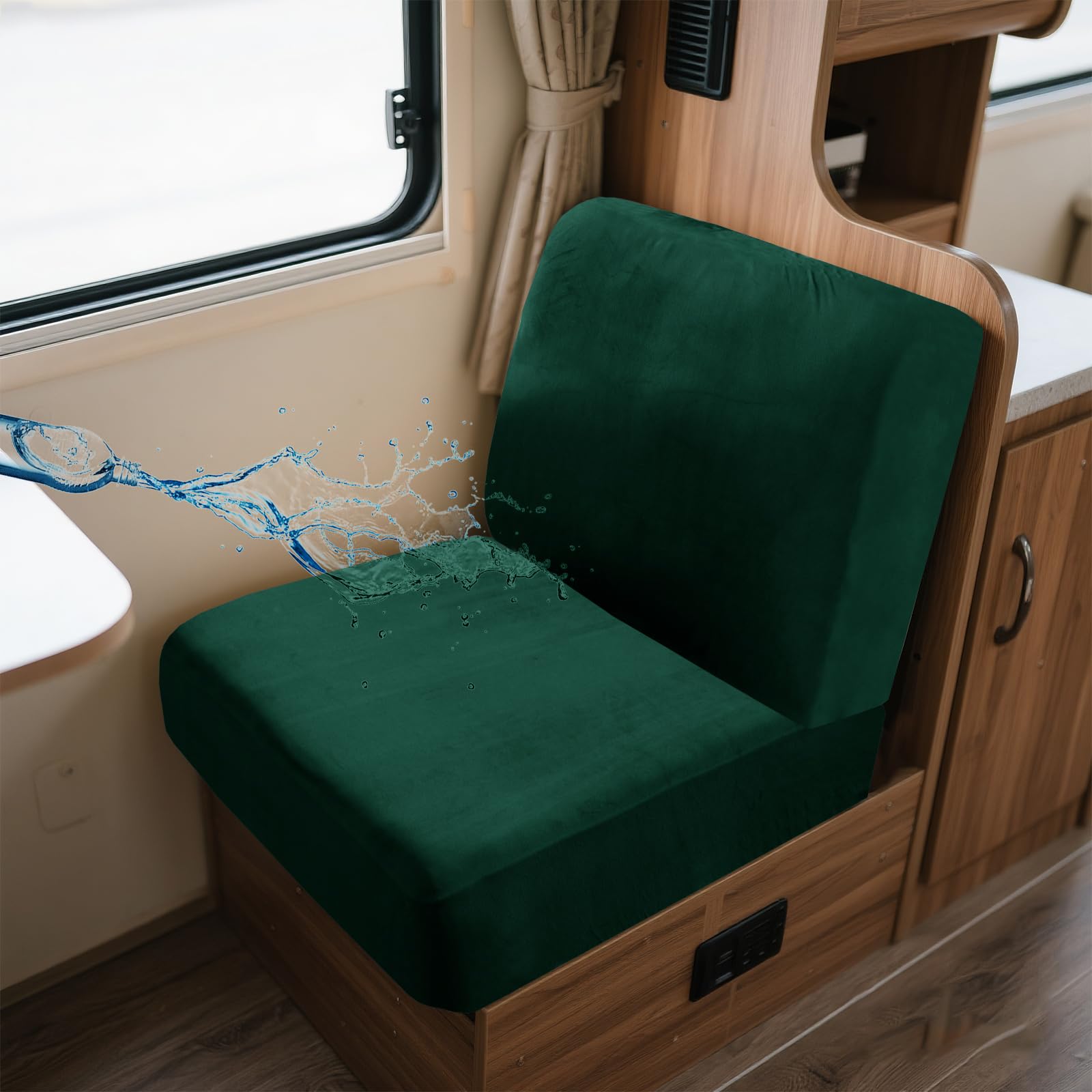 UNBBRRL Wohnwagen Sitzbezüge Wasserdicht Dehnbar Samt/Jacquard, Wohnwagen Polsterbezüge Set (2pcs), RV Bank/Sofa Sitzkissen Bezug Mit 4 Cord (V Dark Green,S+S(2pcs)) von UNBBRRL