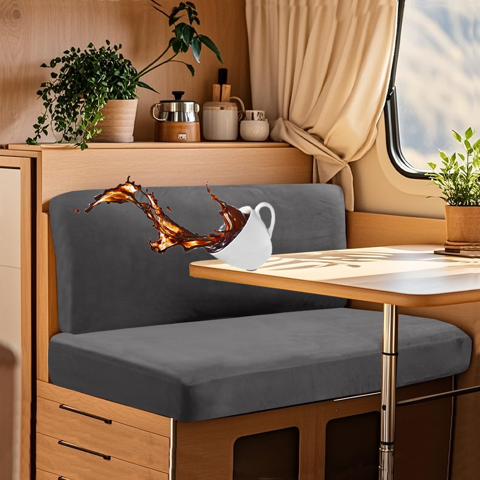 UNBBRRL Wohnwagen Sitzbezüge Wasserdicht Dehnbar Samt/Jacquard, Wohnwagen Polsterbezüge Set (2pcs), RV Bank/Sofa Sitzkissen Bezug Mit 4 Cord (V Grey,XL+XXL(2pcs)) von UNBBRRL