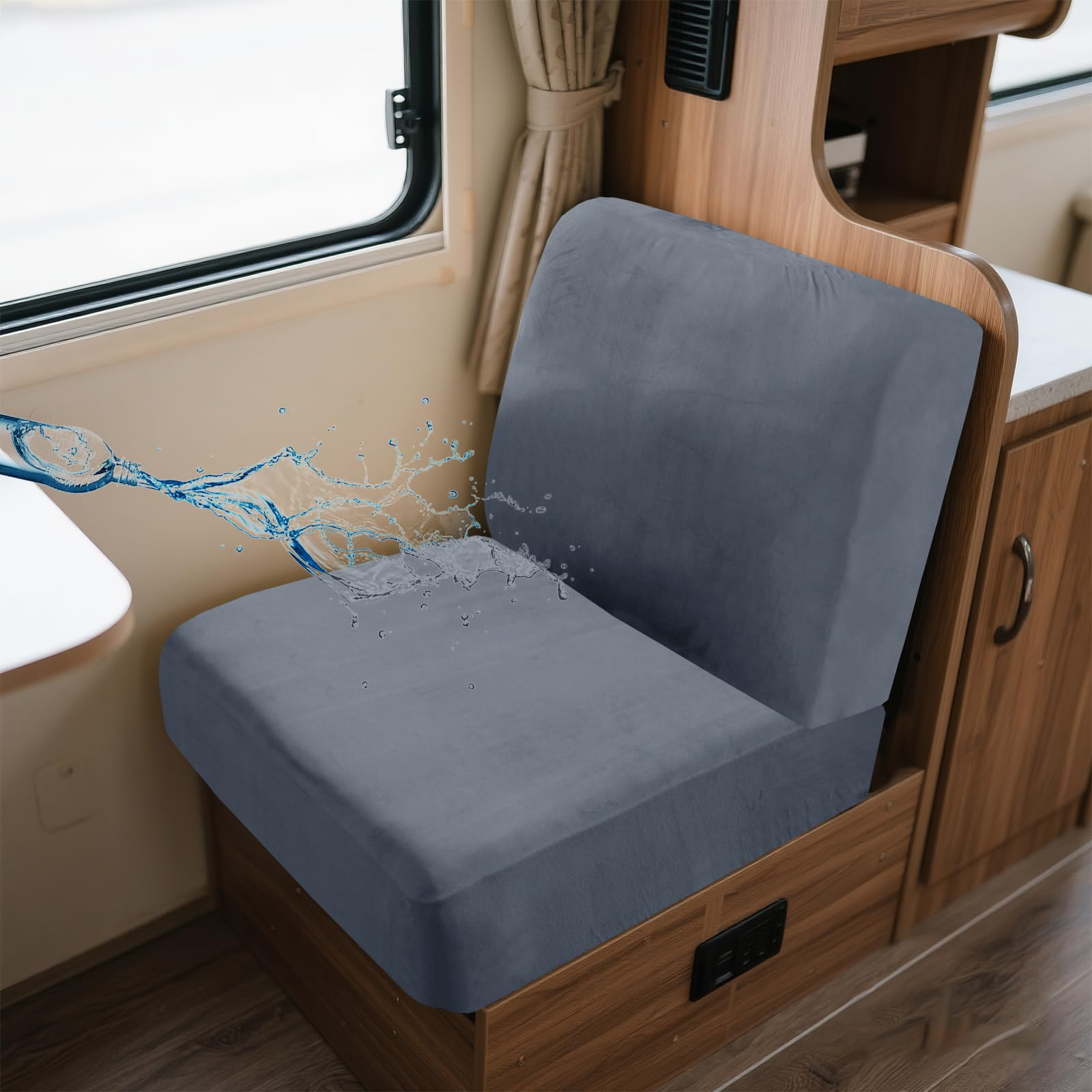UNBBRRL Wohnwagen Sitzbezüge Wasserdicht Dehnbar Samt/Jacquard, Wohnwagen Polsterbezüge Set (2pcs), RV Bank/Sofa Sitzkissen Bezug Mit 4 Cord (V Grey Blue,M+M(2pcs)) von UNBBRRL