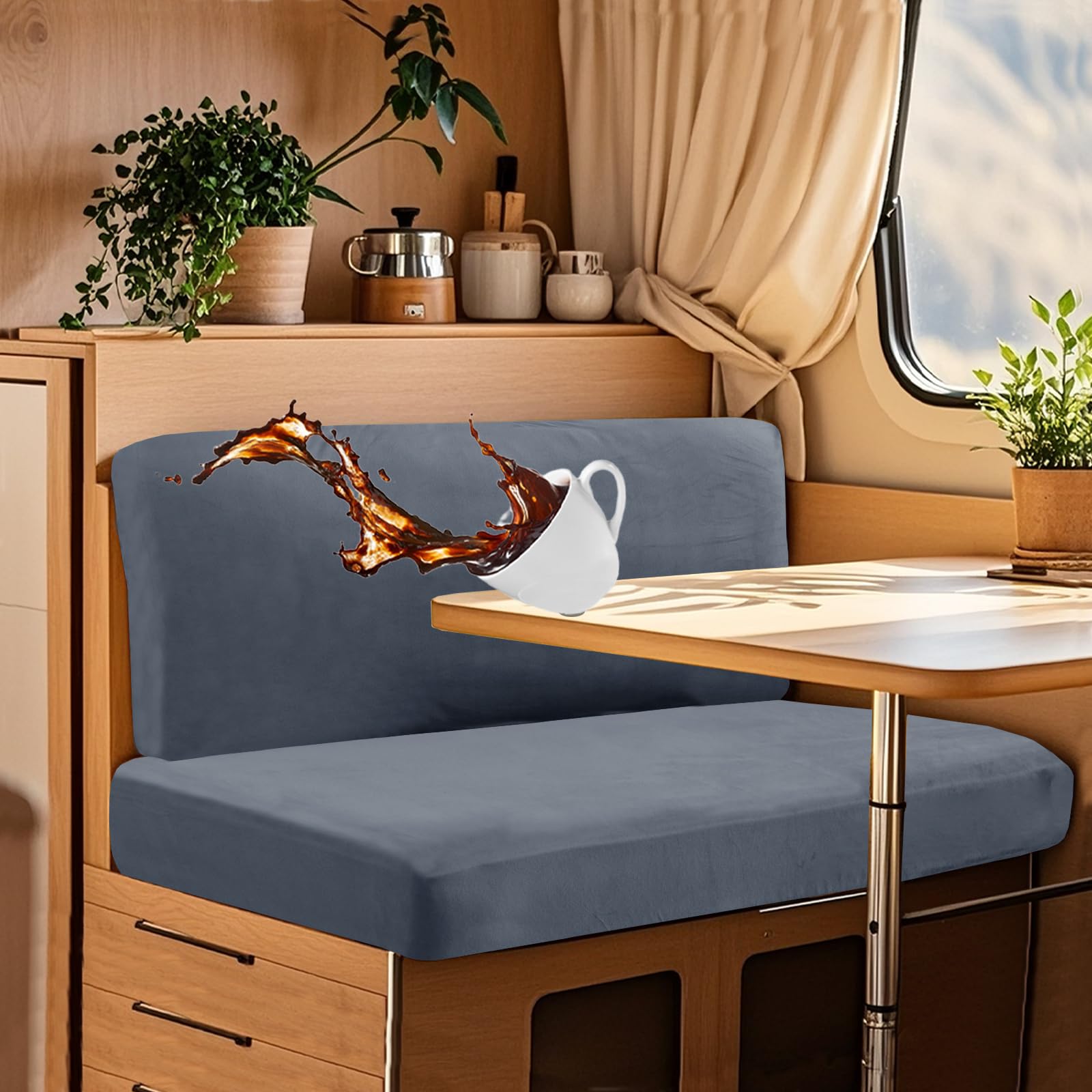 UNBBRRL Wohnwagen Sitzbezüge Wasserdicht Dehnbar Samt/Jacquard, Wohnwagen Polsterbezüge Set (2pcs), RV Bank/Sofa Sitzkissen Bezug Mit 4 Cord (V Grey Blue,XL+XXL(2pcs)) von UNBBRRL