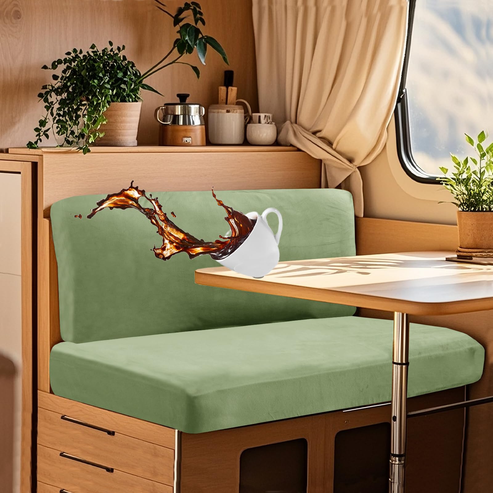 UNBBRRL Wohnwagen Sitzbezüge Wasserdicht Dehnbar Samt/Jacquard, Wohnwagen Polsterbezüge Set (2pcs), RV Bank/Sofa Sitzkissen Bezug Mit 4 Cord (V Light Green,L+XL(2pcs)) von UNBBRRL
