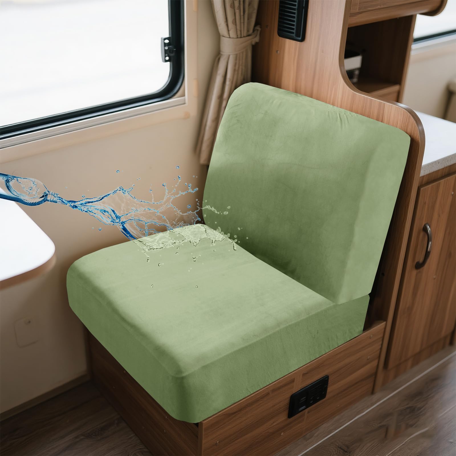 UNBBRRL Wohnwagen Sitzbezüge Wasserdicht Dehnbar Samt/Jacquard, Wohnwagen Polsterbezüge Set (2pcs), RV Bank/Sofa Sitzkissen Bezug Mit 4 Cord (V Light Green,S+S(2pcs)) von UNBBRRL