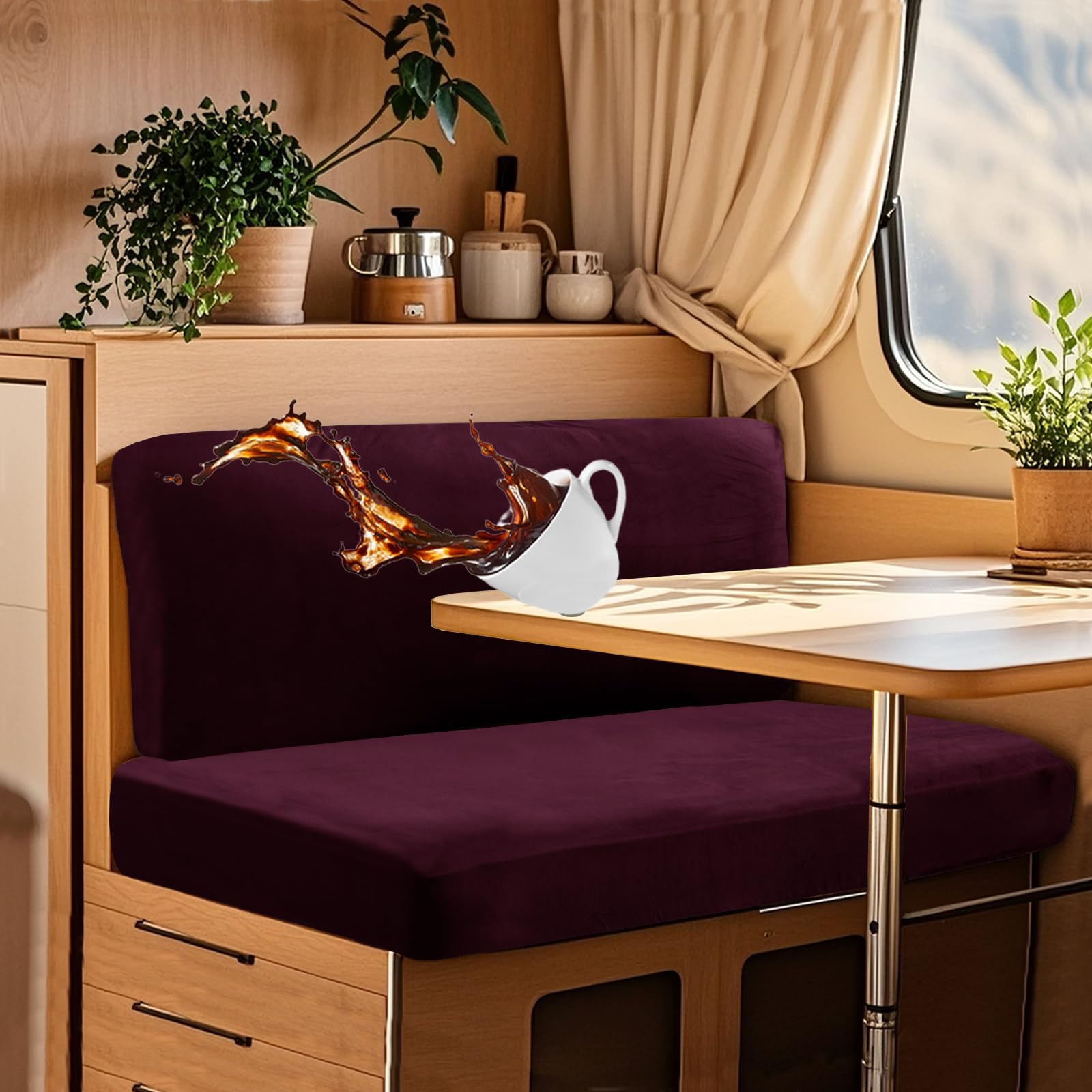 UNBBRRL Wohnwagen Sitzbezüge Wasserdicht Dehnbar Samt/Jacquard, Wohnwagen Polsterbezüge Set (2pcs), RV Bank/Sofa Sitzkissen Bezug Mit 4 Cord (V Magenta,M+XS(2pcs)) von UNBBRRL