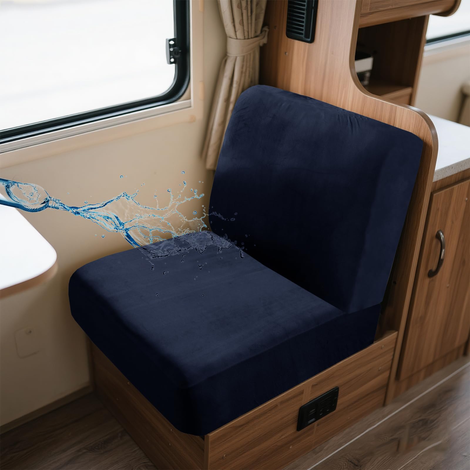 UNBBRRL Wohnwagen Sitzbezüge Wasserdicht Dehnbar Samt/Jacquard, Wohnwagen Polsterbezüge Set (2pcs), RV Bank/Sofa Sitzkissen Bezug Mit 4 Cord (V Navy,S+S(2pcs)) von UNBBRRL