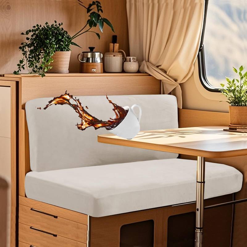 UNBBRRL Wohnwagen Sitzbezüge Wasserdicht Dehnbar Samt/Jacquard, Wohnwagen Polsterbezüge Set (2pcs), RV Bank/Sofa Sitzkissen Bezug Mit 4 Cord (V New Ivory,M+XS(2pcs)) von UNBBRRL