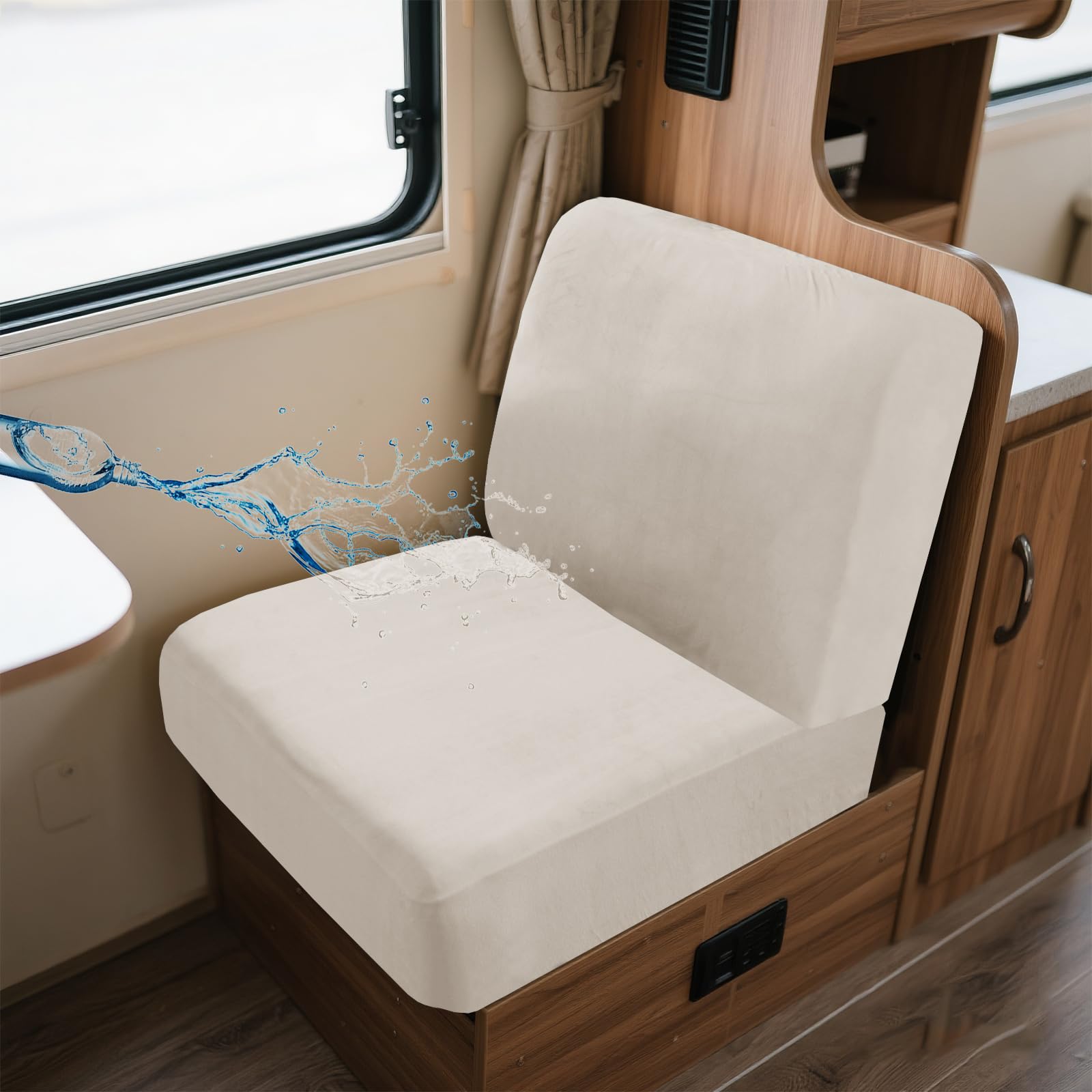 UNBBRRL Wohnwagen Sitzbezüge Wasserdicht Dehnbar Samt/Jacquard, Wohnwagen Polsterbezüge Set (2pcs), RV Bank/Sofa Sitzkissen Bezug Mit 4 Cord (V New Ivory,S+S(2pcs)) von UNBBRRL