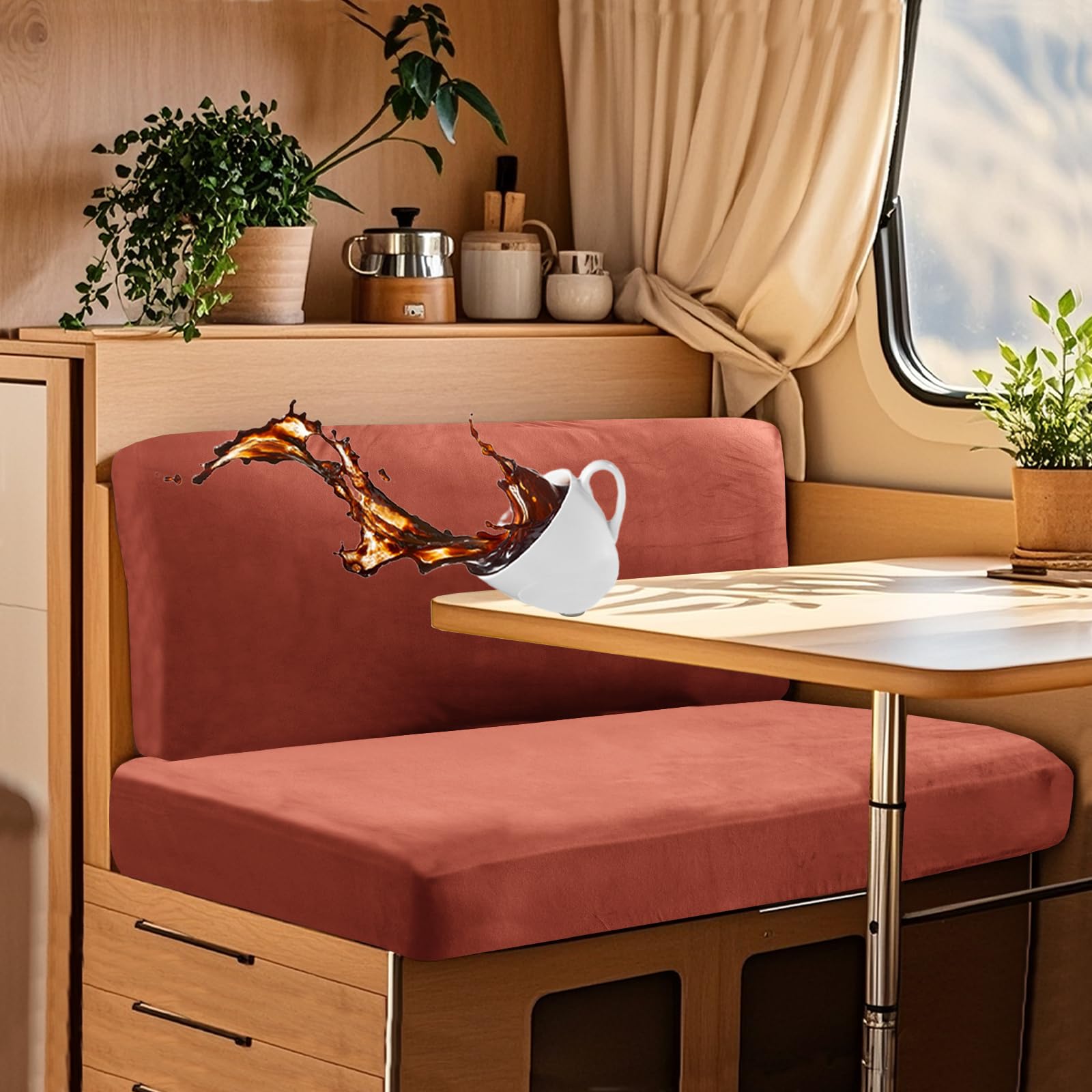 UNBBRRL Wohnwagen Sitzbezüge Wasserdicht Dehnbar Samt/Jacquard, Wohnwagen Polsterbezüge Set (2pcs), RV Bank/Sofa Sitzkissen Bezug Mit 4 Cord (V Orange Brown,L+XL(2pcs)) von UNBBRRL