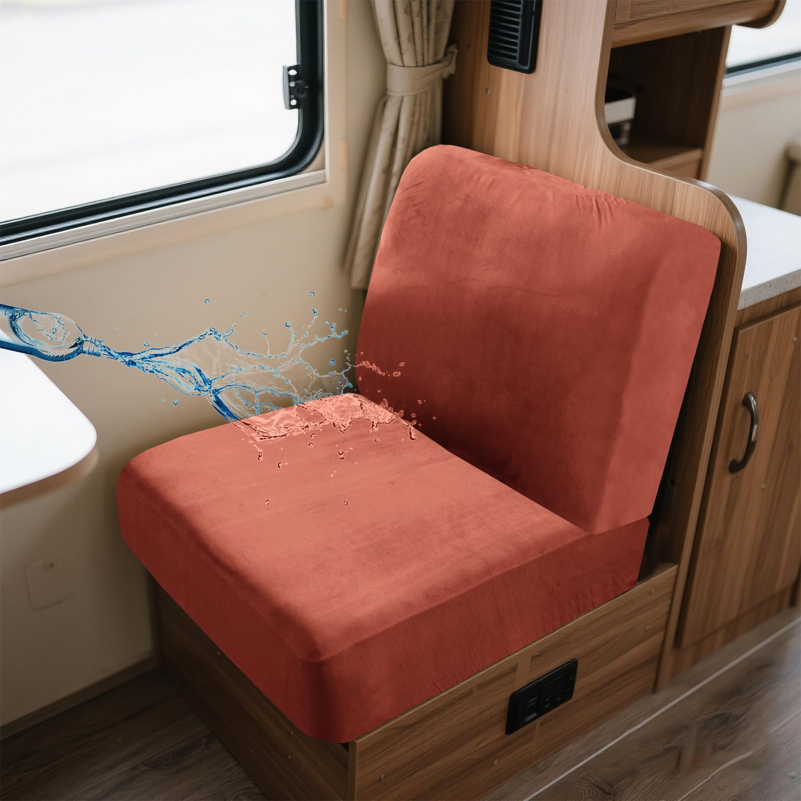 UNBBRRL Wohnwagen Sitzbezüge Wasserdicht Dehnbar Samt/Jacquard, Wohnwagen Polsterbezüge Set (2pcs), RV Bank/Sofa Sitzkissen Bezug Mit 4 Cord (V Orange Brown,S+S(2pcs)) von UNBBRRL