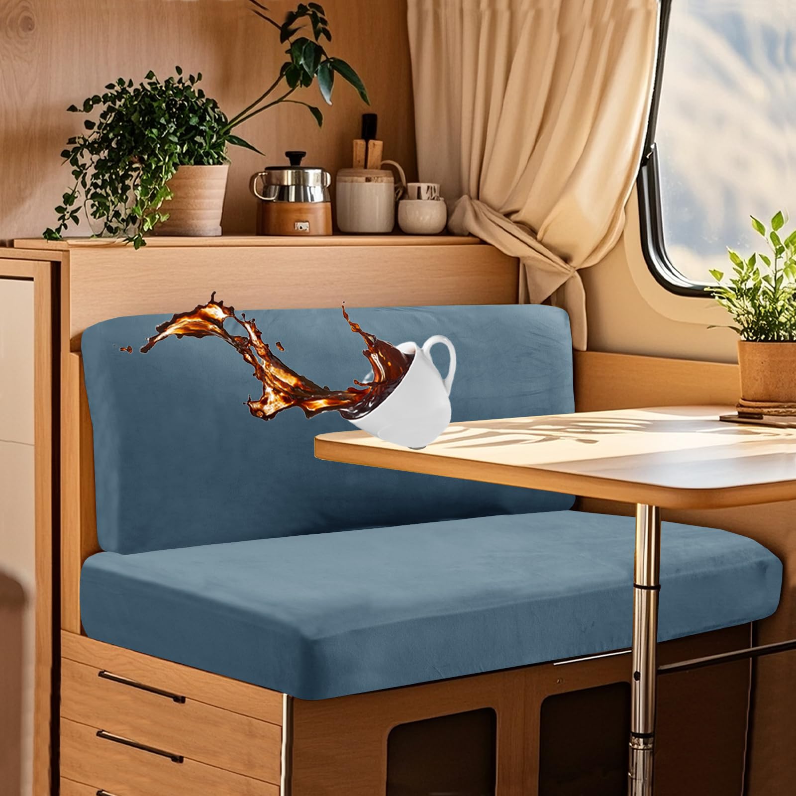 UNBBRRL Wohnwagen Sitzbezüge Wasserdicht Dehnbar Samt/Jacquard, Wohnwagen Polsterbezüge Set (2pcs), RV Bank/Sofa Sitzkissen Bezug Mit 4 Cord (V Peacock Blue,M+XS(2pcs)) von UNBBRRL