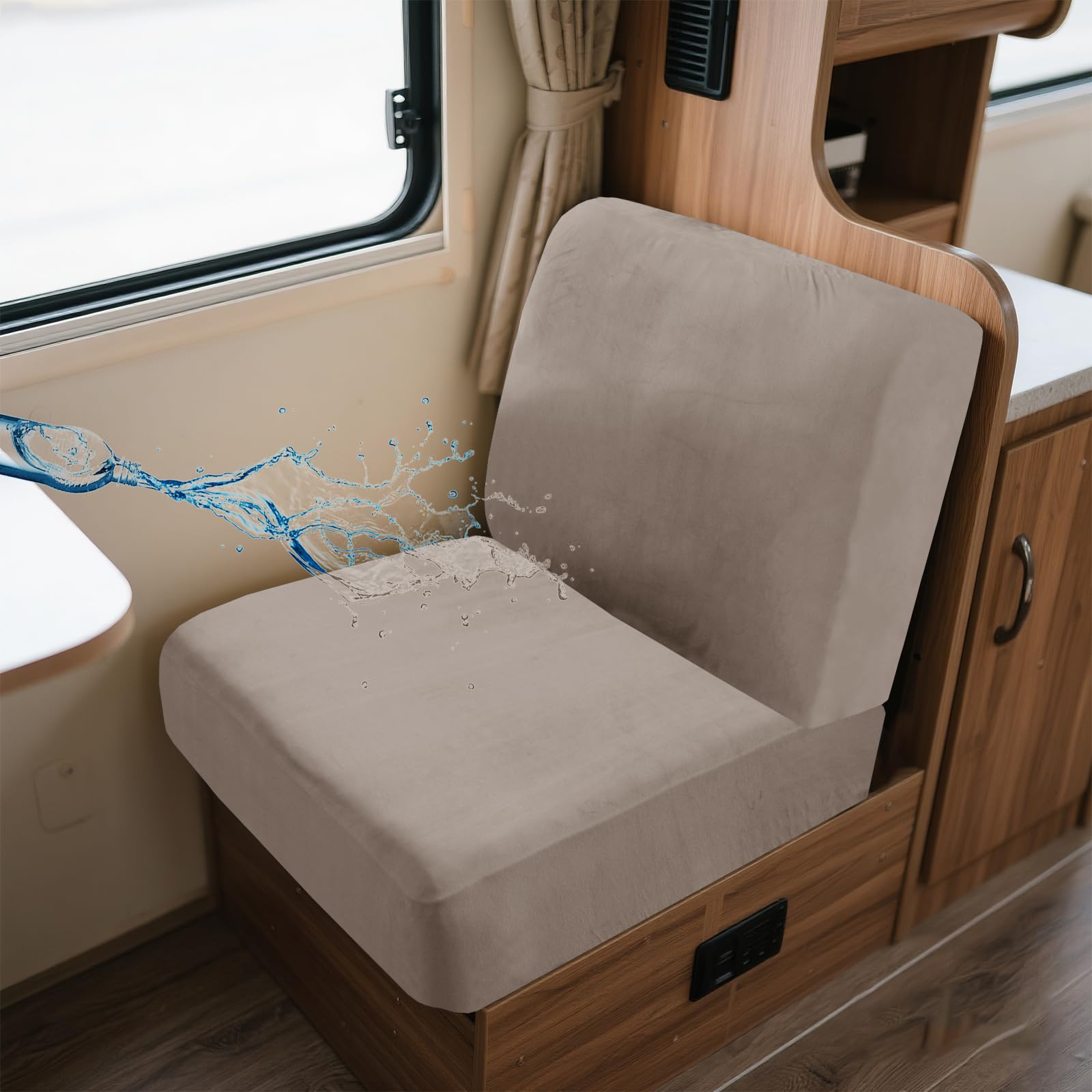 UNBBRRL Wohnwagen Sitzbezüge Wasserdicht Dehnbar Samt/Jacquard, Wohnwagen Polsterbezüge Set (2pcs), RV Bank/Sofa Sitzkissen Bezug Mit 4 Cord (V Taupe,M+M(2pcs)) von UNBBRRL