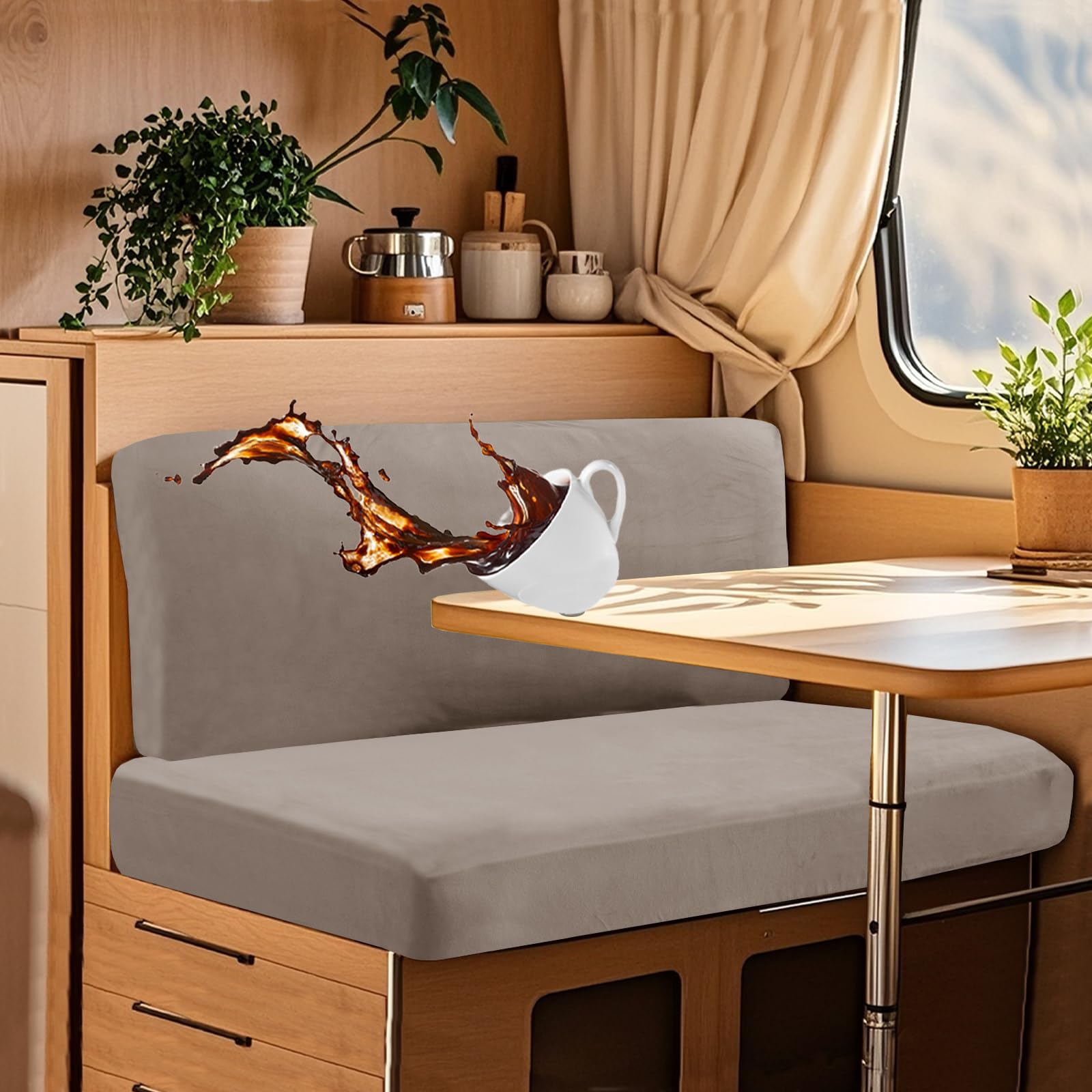 UNBBRRL Wohnwagen Sitzbezüge Wasserdicht Dehnbar Samt/Jacquard, Wohnwagen Polsterbezüge Set (2pcs), RV Bank/Sofa Sitzkissen Bezug Mit 4 Cord (V Taupe,XL+XXL(2pcs)) von UNBBRRL