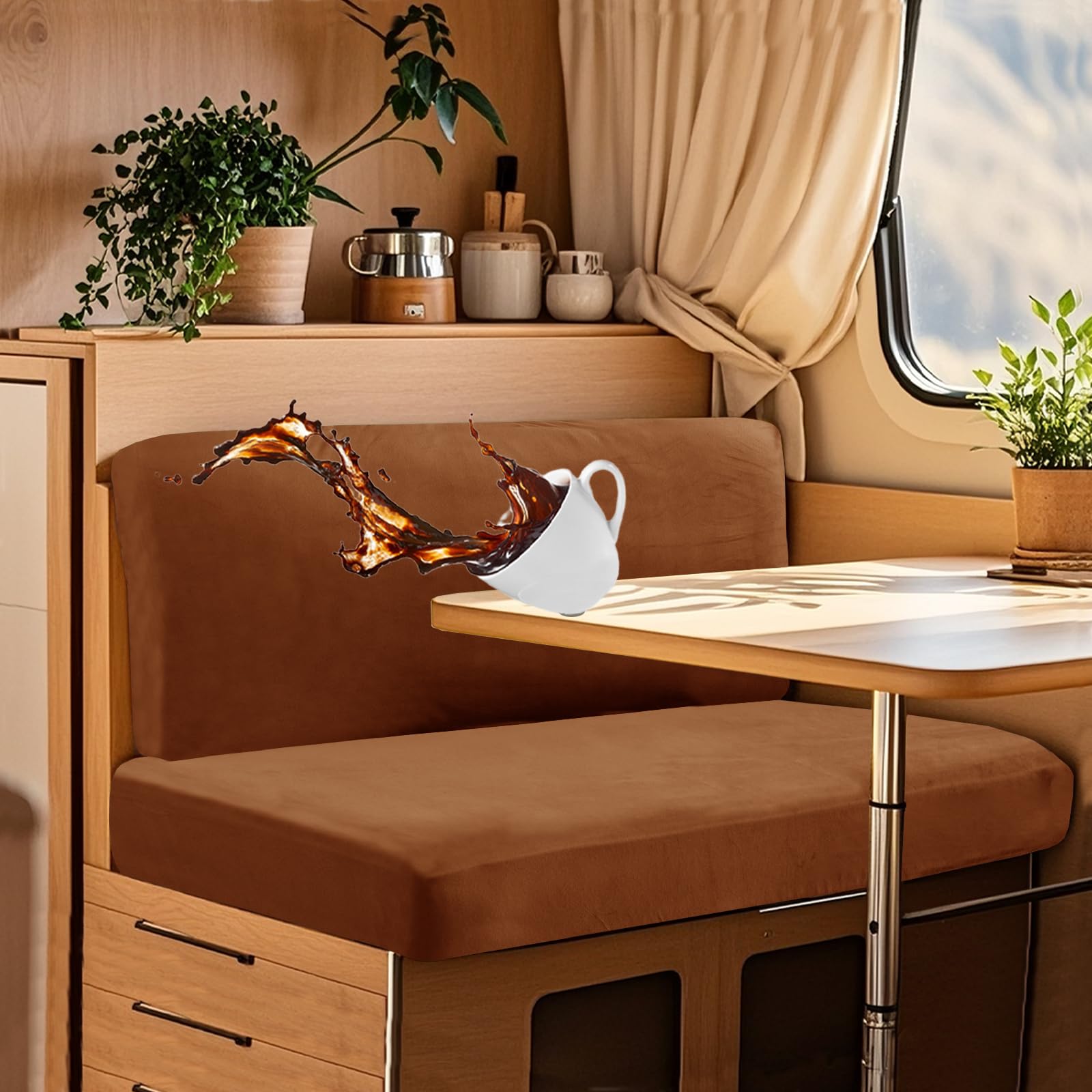UNBBRRL Wohnwagen Sitzbezüge Wasserdicht Dehnbar Samt/Jacquard, Wohnwagen Polsterbezüge Set (2pcs), RV Bank/Sofa Sitzkissen Bezug Mit 4 Cord (V Warm Brown,M+XS(2pcs)) von UNBBRRL
