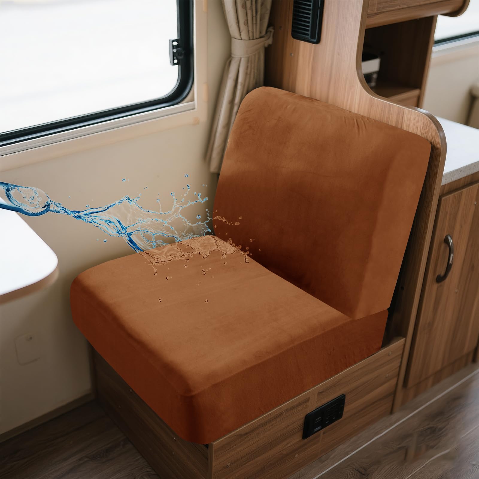 UNBBRRL Wohnwagen Sitzbezüge Wasserdicht Dehnbar Samt/Jacquard, Wohnwagen Polsterbezüge Set (2pcs), RV Bank/Sofa Sitzkissen Bezug Mit 4 Cord (V Warm Brown,S+S(2pcs)) von UNBBRRL
