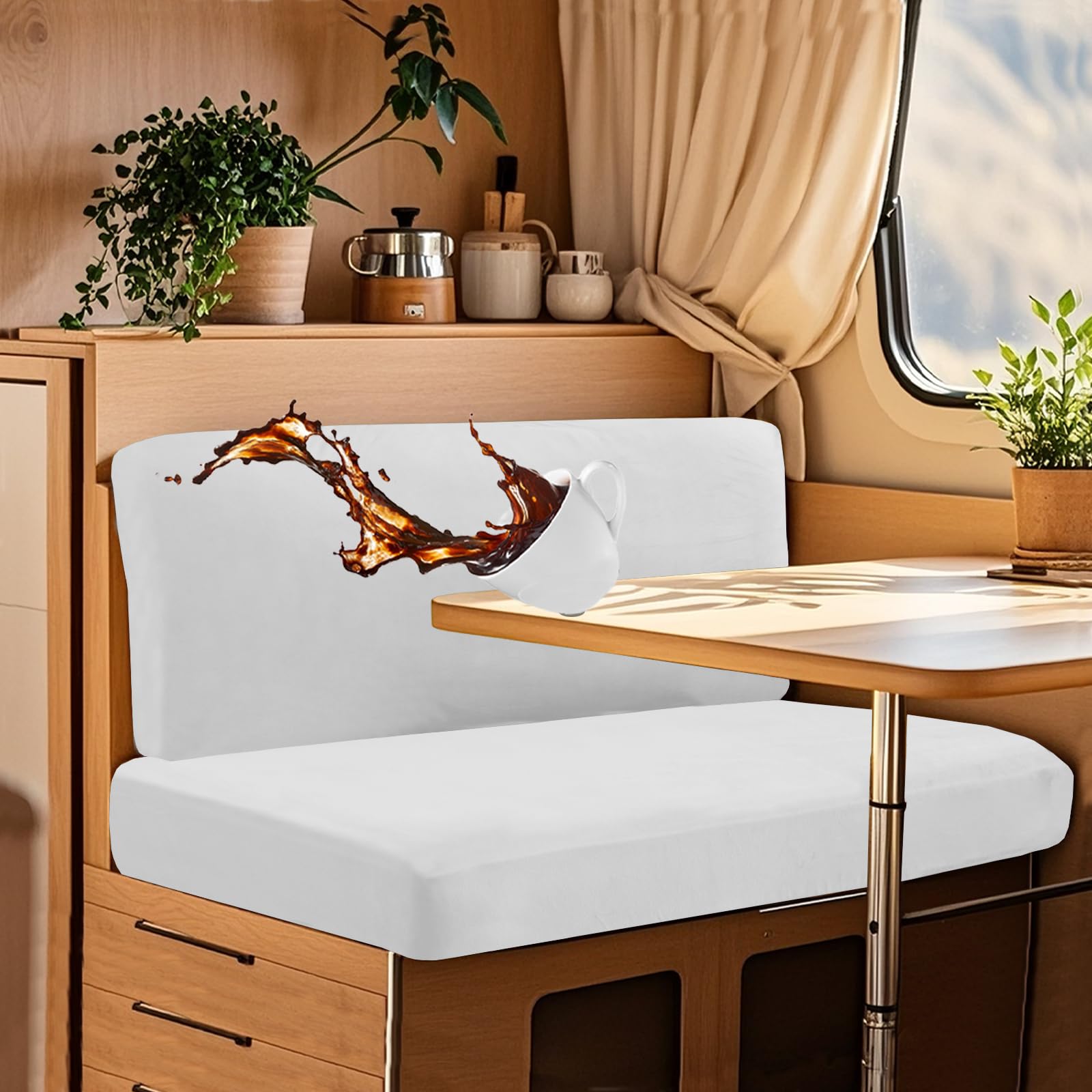 UNBBRRL Wohnwagen Sitzbezüge Wasserdicht Dehnbar Samt/Jacquard, Wohnwagen Polsterbezüge Set (2pcs), RV Bank/Sofa Sitzkissen Bezug Mit 4 Cord (V White,L+XL(2pcs)) von UNBBRRL