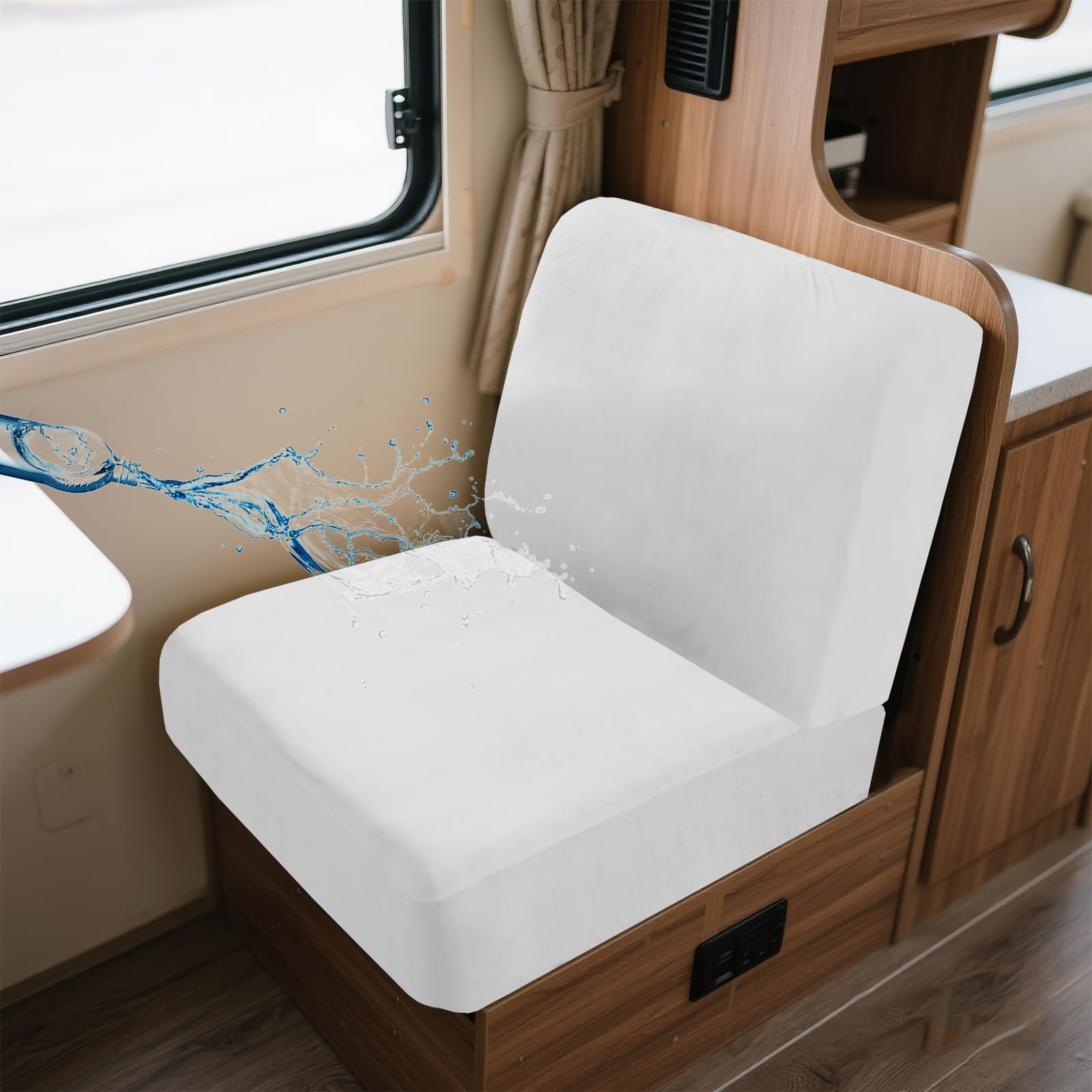 UNBBRRL Wohnwagen Sitzbezüge Wasserdicht Dehnbar Samt/Jacquard, Wohnwagen Polsterbezüge Set (2pcs), RV Bank/Sofa Sitzkissen Bezug Mit 4 Cord (V White,M+M(2pcs)) von UNBBRRL