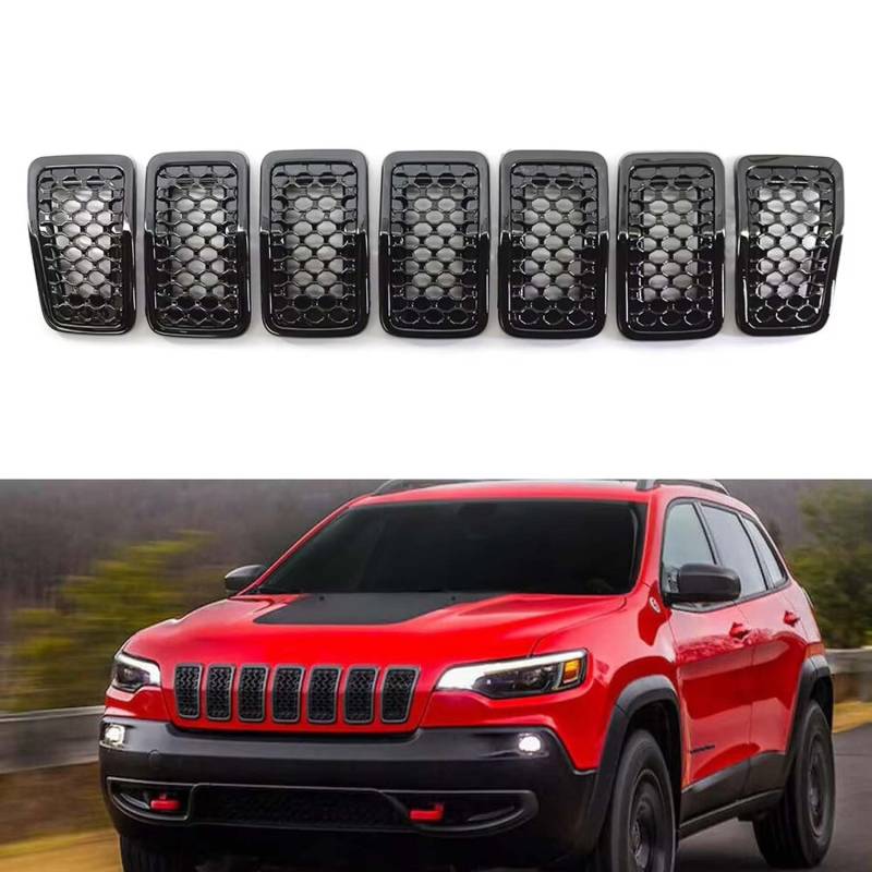 für Jeep Cherokee 2019 2020 2021 2022 7PCS Auto Front Kühlergrille,Auto Frontstoßstange Radiator Kühlergrille Dekoration,Ersatz Zubehör.,A-Glossy Black von UNCLE LIAO
