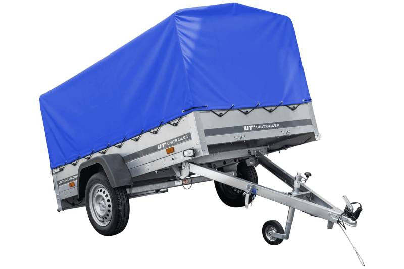 UNITRAILER Auto Anhänger 230x125 Garden Trailer 230 Kipp 750 kg mit Stützrad, Blauer Hochplane und Hochspriegel von UNITRAILER