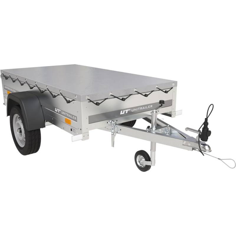 UNITRAILER Garden Trailer 200 Kipp - PKW Anhänger 200x106 cm 750 kg, mit Graue Anhänger Flachplane und Stützrad; Auto Anhänger 750 kg mit Kippbarer V-Deichsel, Geöffnete Heckklappe von UNITRAILER