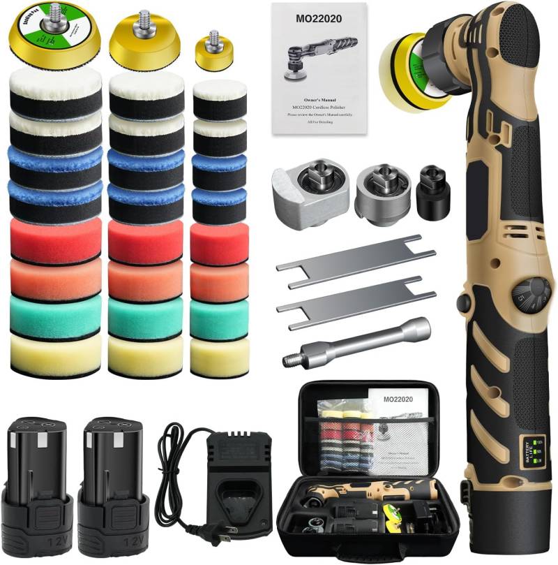 Mini Akku Poliermaschine, 12V Mini Poliermaschine Auto, 1/1,5/2 Zoll, DA&RO mit 11 variablen Geschwindigkeiten,2500-6000 RPM, Poliermaschine Auto Akku zum Polieren, Wachsen und Reinigen (2*Batterie) von UOEONR