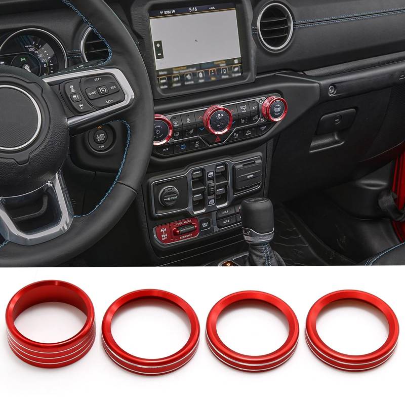 4 Stück Aluminiumlegierung Knöpfe Abdeckung für Klimaanlage Schalter & Scheinwerferknopf Ersatz für Jeep Wrangler 2018–2023 JL JLU Gladiator JT 2020–2023 (rot) von UOIENRT