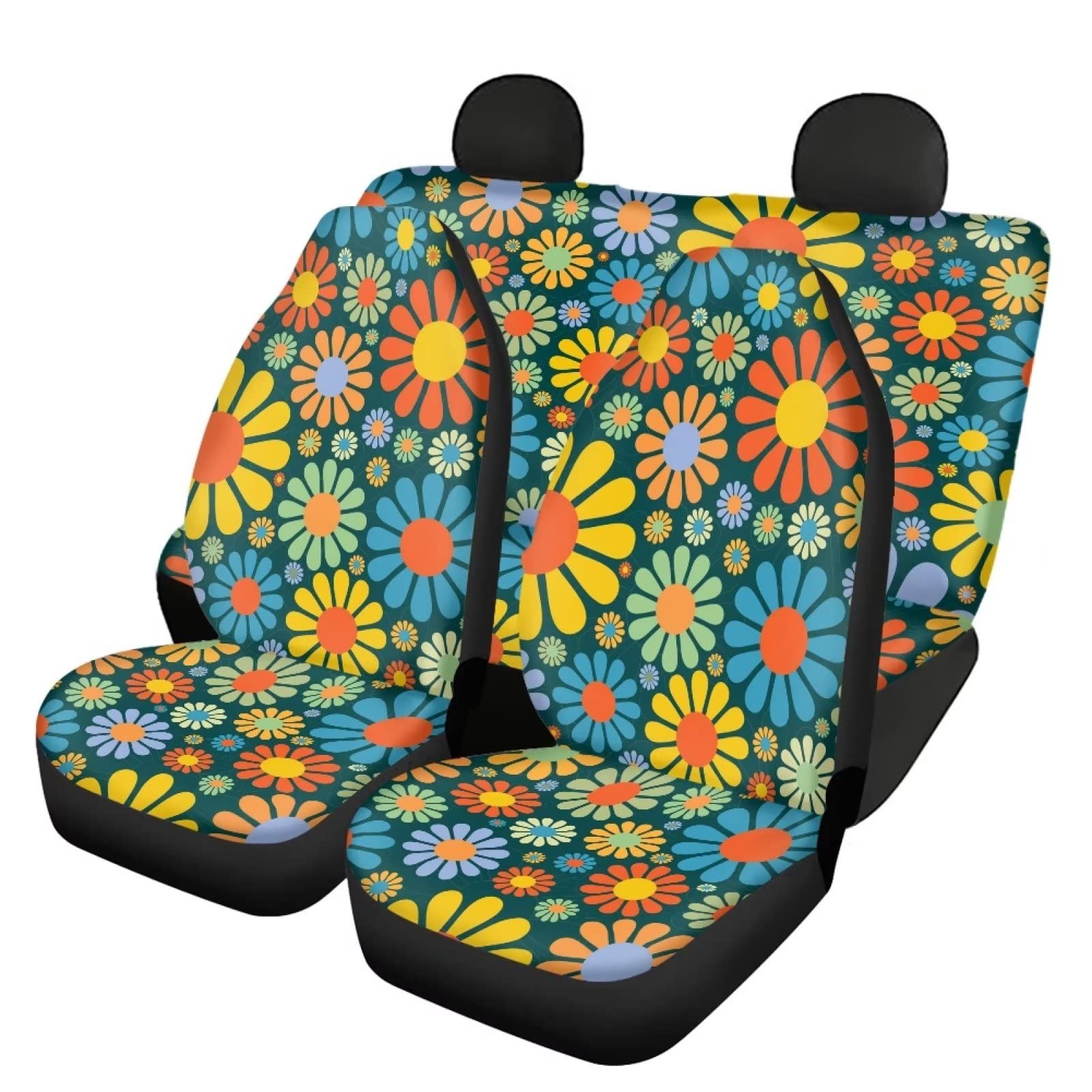UOIMAG Autositzbezüge-Set für Frauen, Hippie-Blumenmuster, 4-teilig, bunte Blumen, Fahrzeugdekoration von UOIMAG