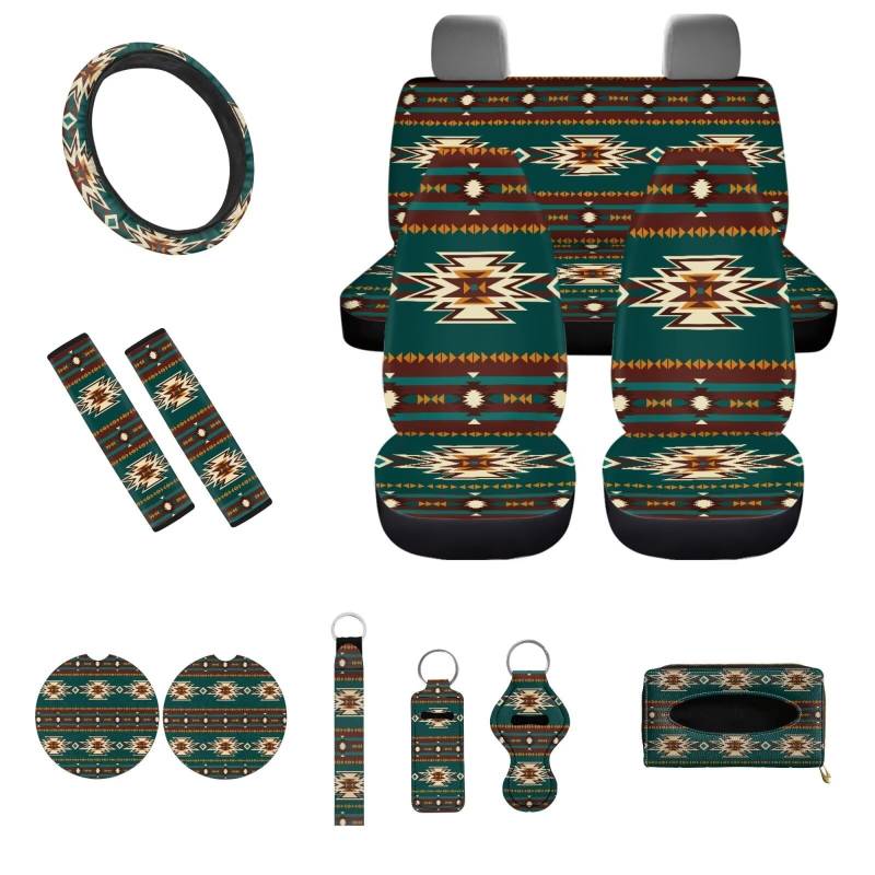 UOIMAG Aztec Autositzbezüge, komplettes Set, 13-teilig, Vintage-Streifenmuster, Vorder- und Rückbankschoner mit Taschentuchhalter von UOIMAG