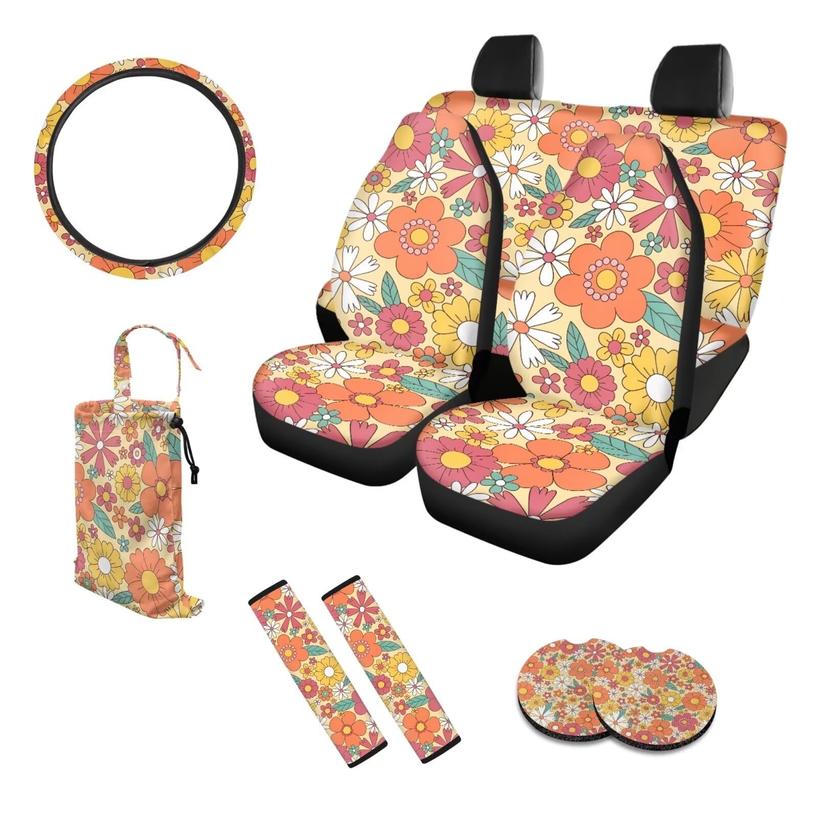 UOIMAG Hippie Flower Autositzbezug für Damen, komplettes Set, 70er-Jahre-Lenkradbezug, weiche Gurtpolster von UOIMAG