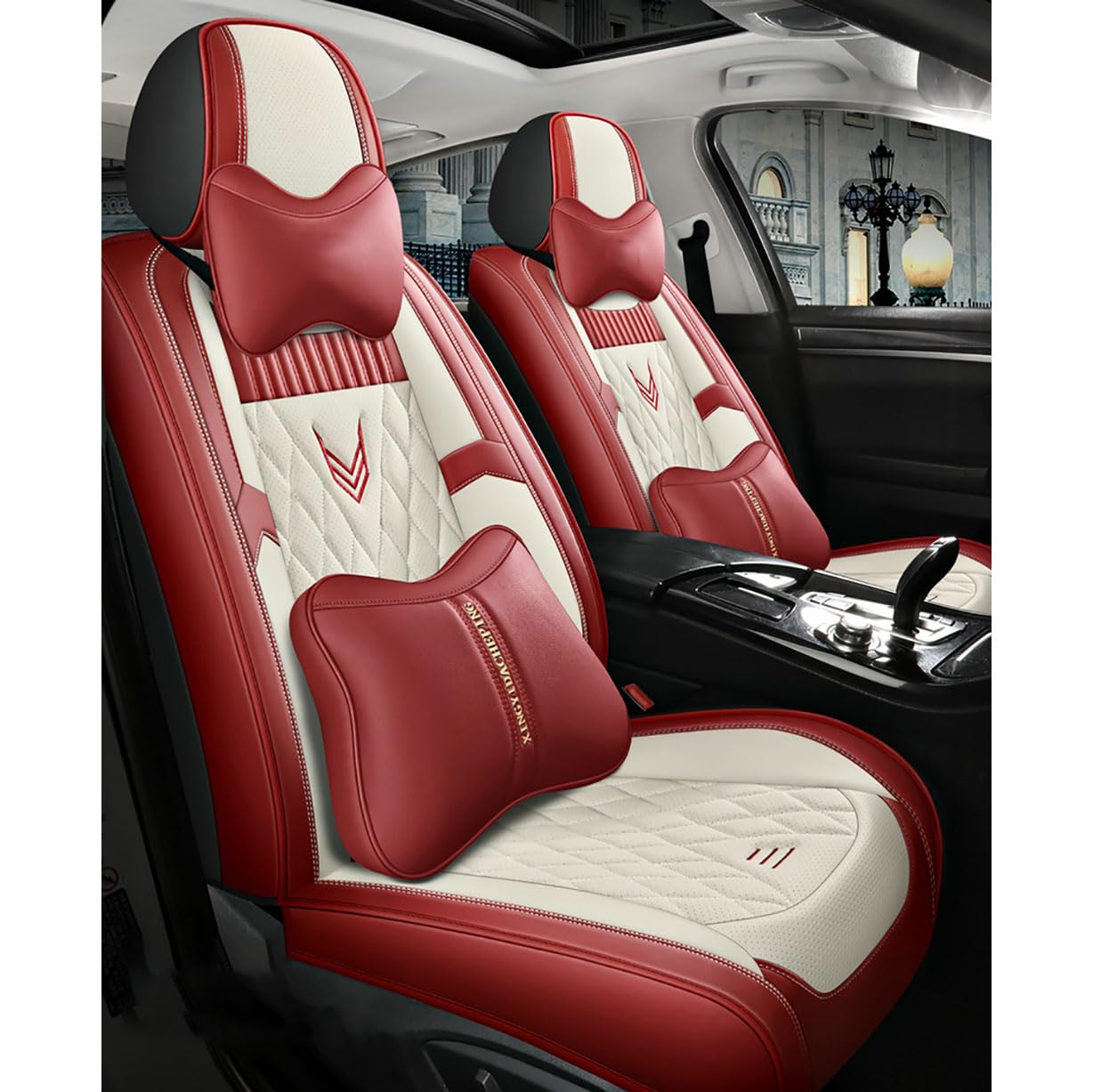 UPIKIT Auto Leder Vollständige Abdeckung Sitzauflagen Sitzbezügesets kompatibel mit für Mercedes Benz GLE W166 GLE 300d 320 400 350d 450 4MATIC 2015-2019, with Pillow- F-beige-red von UPIKIT