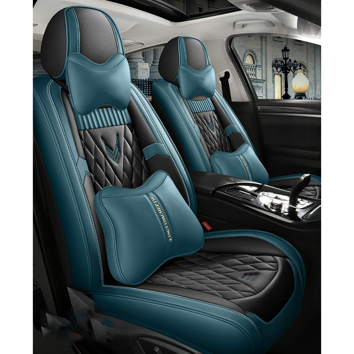 UPIKIT Auto Leder Vollständige Abdeckung Sitzauflagen Sitzbezügesets kompatibel mit für VW T-Cross 2019-2022 2023, with Pillow- B-Black-Blue von UPIKIT