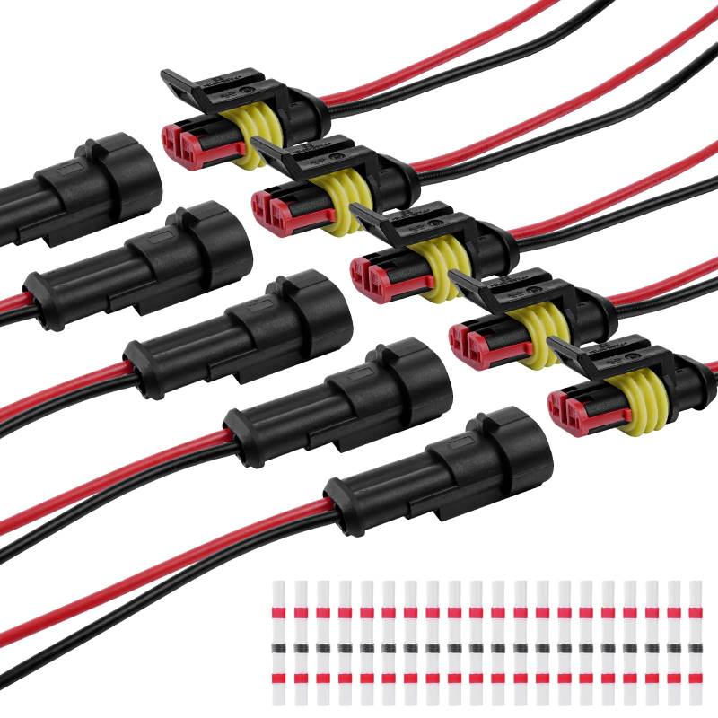 URAQT 2 Polig Kabel Steckverbinder Stecker, 5 Sätze Wasserdichter Stecker Kabel Steckverbinder Stecker mit Kabel 16 AWG Marine für Auto KFZ LKW Kayak Boote Roller Motorrad (mit 20pcs Lötverbinder) von URAQT