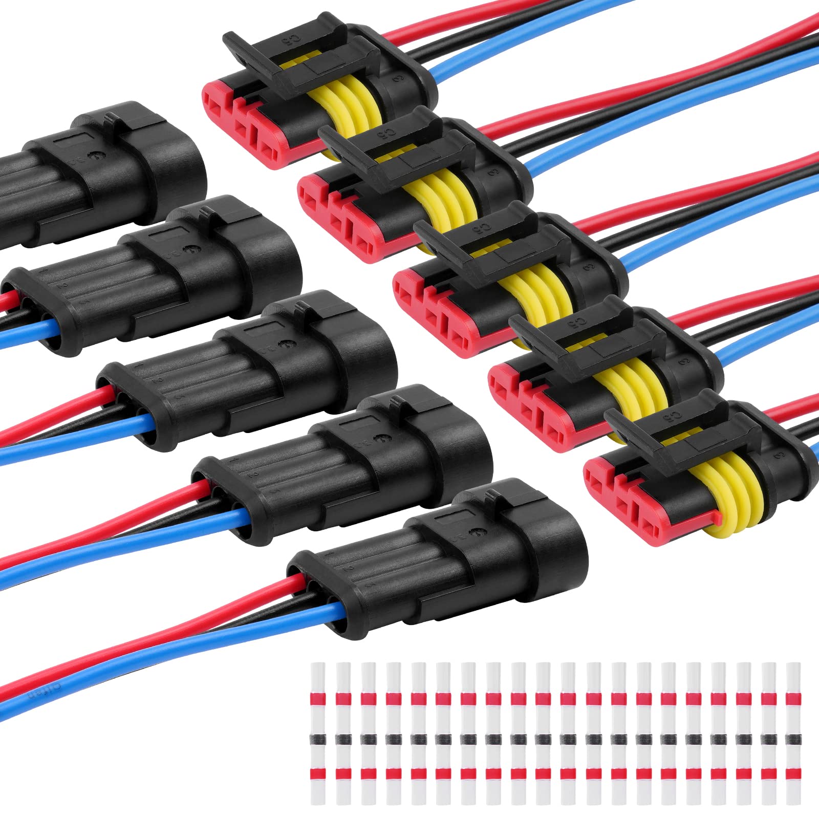 URAQT 3 Polig Kabel Steckverbinder Stecker, 5 Sätze Wasserdichter Stecker Kabel Steckverbinder Stecker mit Kabel 16 AWG Marine für Auto KFZ LKW Kayak Boote Roller Motorrad (mit 20pcs Lötverbinder) von URAQT