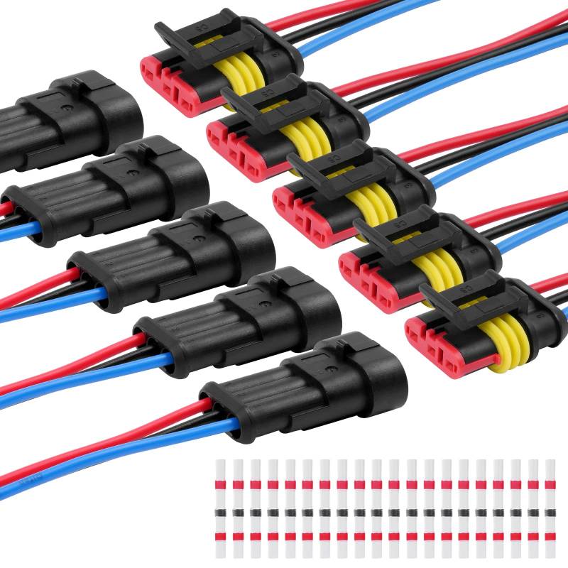 URAQT 3 Polig Kabel Steckverbinder Stecker, 5 Sätze Wasserdichter Stecker Kabel Steckverbinder Stecker mit Kabel 16 AWG Marine für Auto KFZ LKW Kayak Boote Roller Motorrad (mit 20pcs Lötverbinder) von URAQT