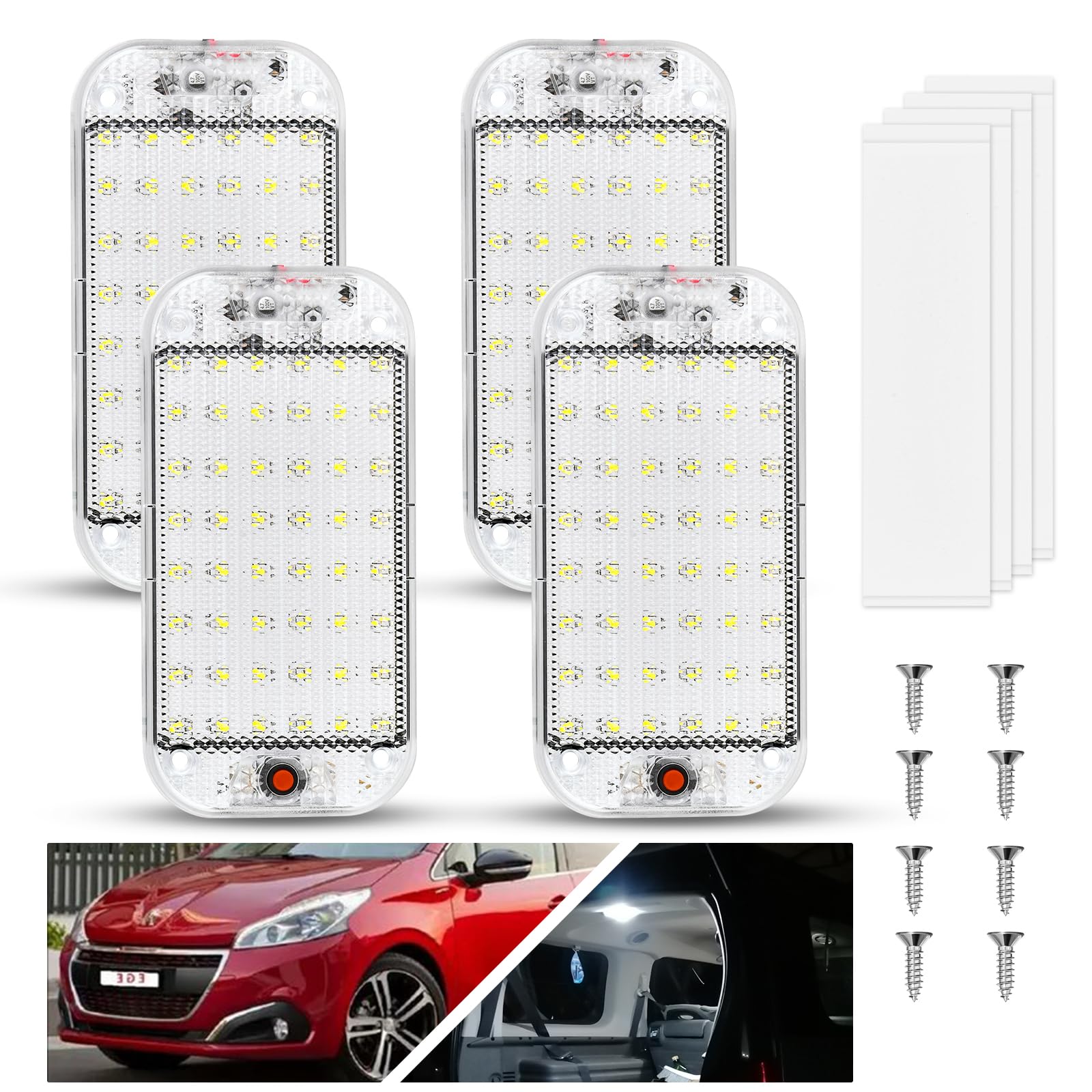 URAQT 48 LED Innenbeluchtung Auto, 4 Stück Super Hell 800LM 12V LED KFZ Innenraumbeleuchtung mit Schalter 6000K Weißlicht Kfz Beleuchtung Leiste für Auto Wohnmobil Bus Caravan Boat Elliptisch von URAQT