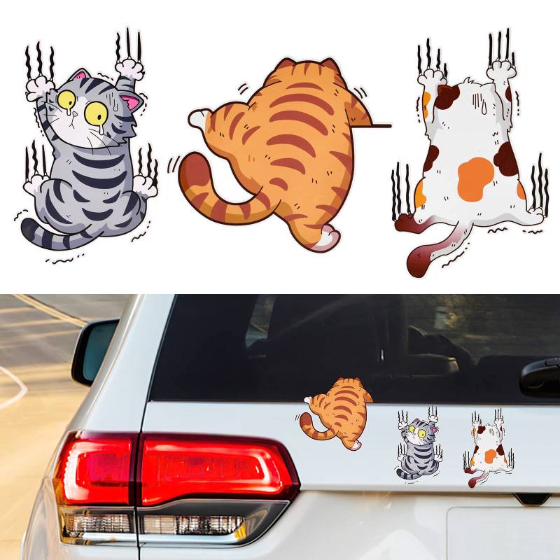 URAQT Autoaufkleber Lustige Katze, 3 Stück 3D Cartoon Kätzchen Sticker, Wasserdichte PVC Aufkleber, Selbstklebende Cat Sticker für Auto, Wand, Laptop von URAQT