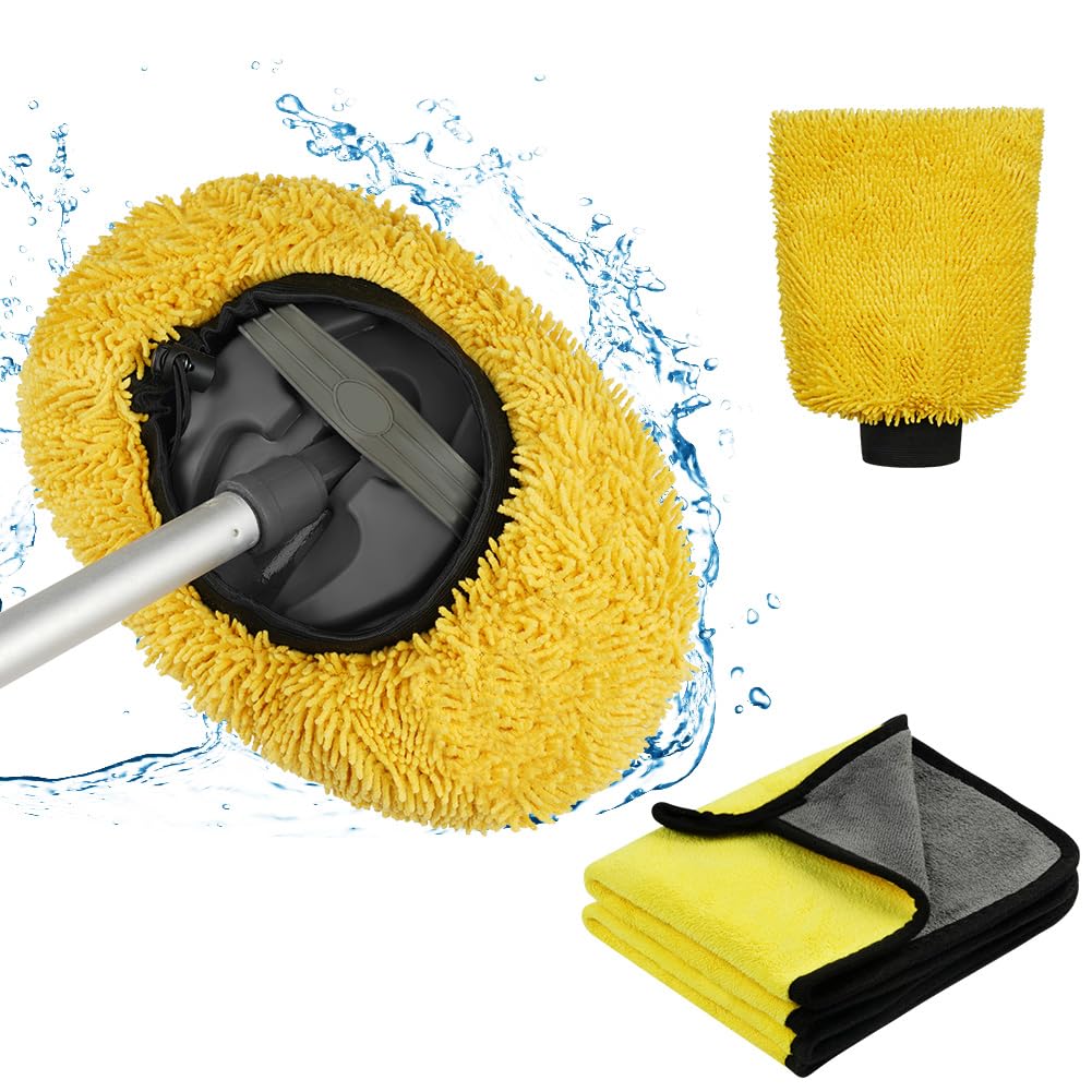 URAQT Brush Cover, Brushcover Bürstenüberzug für SB Waschanlagen/Waschbox Bürste mit 2 x Mikrofasertücher und 1 x Waschhandschuh Kratzerfreie Autowäsche Set Weich Brushcover für Autowaschbürsten-Gelb von URAQT
