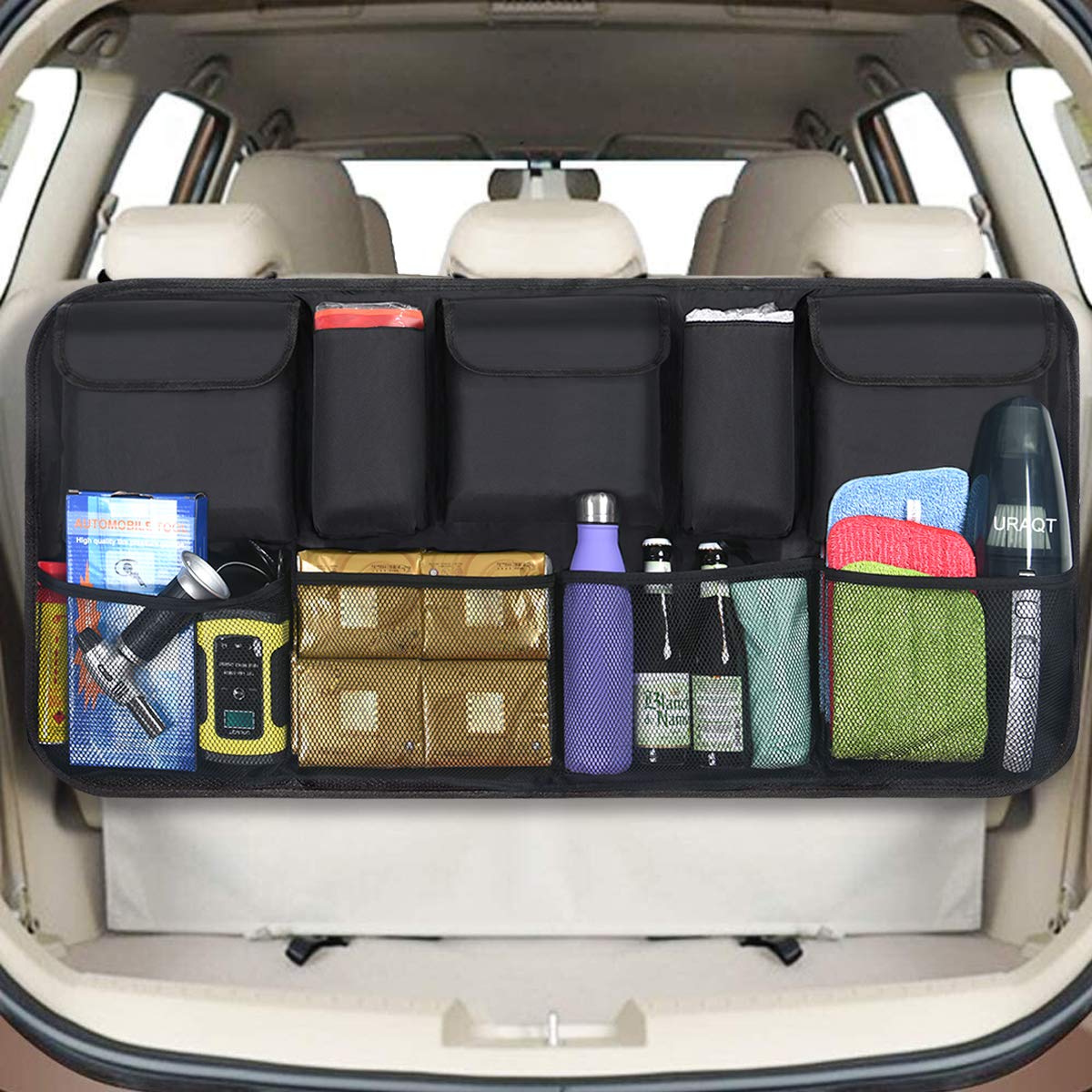 URAQT Kofferraum Organizer Auto, Aufbewahrungstasche, Kofferraumtasche , Wasserdichten Taschen mit Starkes Elastisches Netz und Klettverschluss für SUV, Schwarz (2-M) von URAQT