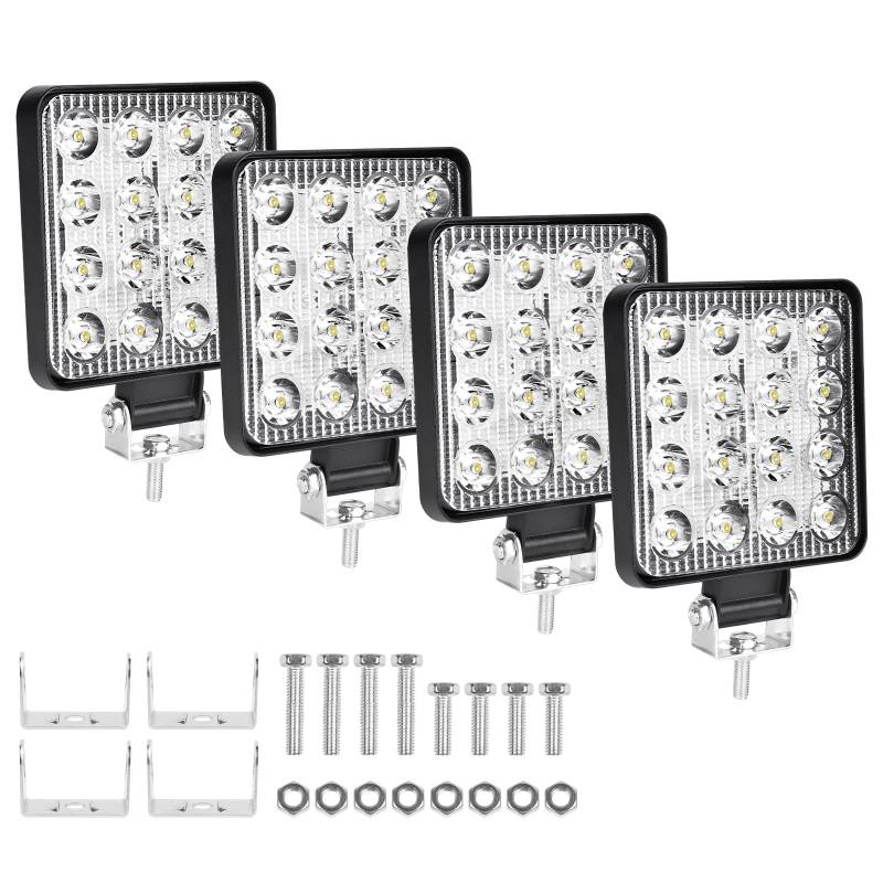 URAQT LED Arbeitsscheinwerfer, 4 Stück 4 Zoll 48 W Zusatzscheinwerfer 12V 24V Auto Arbeitsscheinwerfer Traktor IP67 Wasserdicht LED Offroad Zusatzscheinwerfer für Bagger Traktoren Schlepper ATV Lkw von URAQT